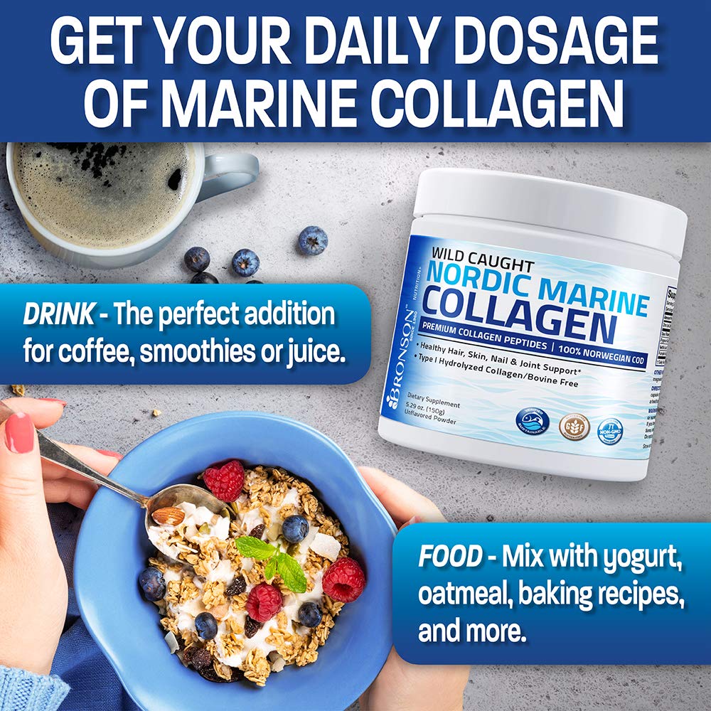 Bronson Marine Collagen Peptides Hydrolyzed Protein Powder 100% Wild Caught Nordic Cod Verified Sustainable Source for Joints Skin Hair Nails & Bones 150g (5.29oz) Bronson buy supplements canada