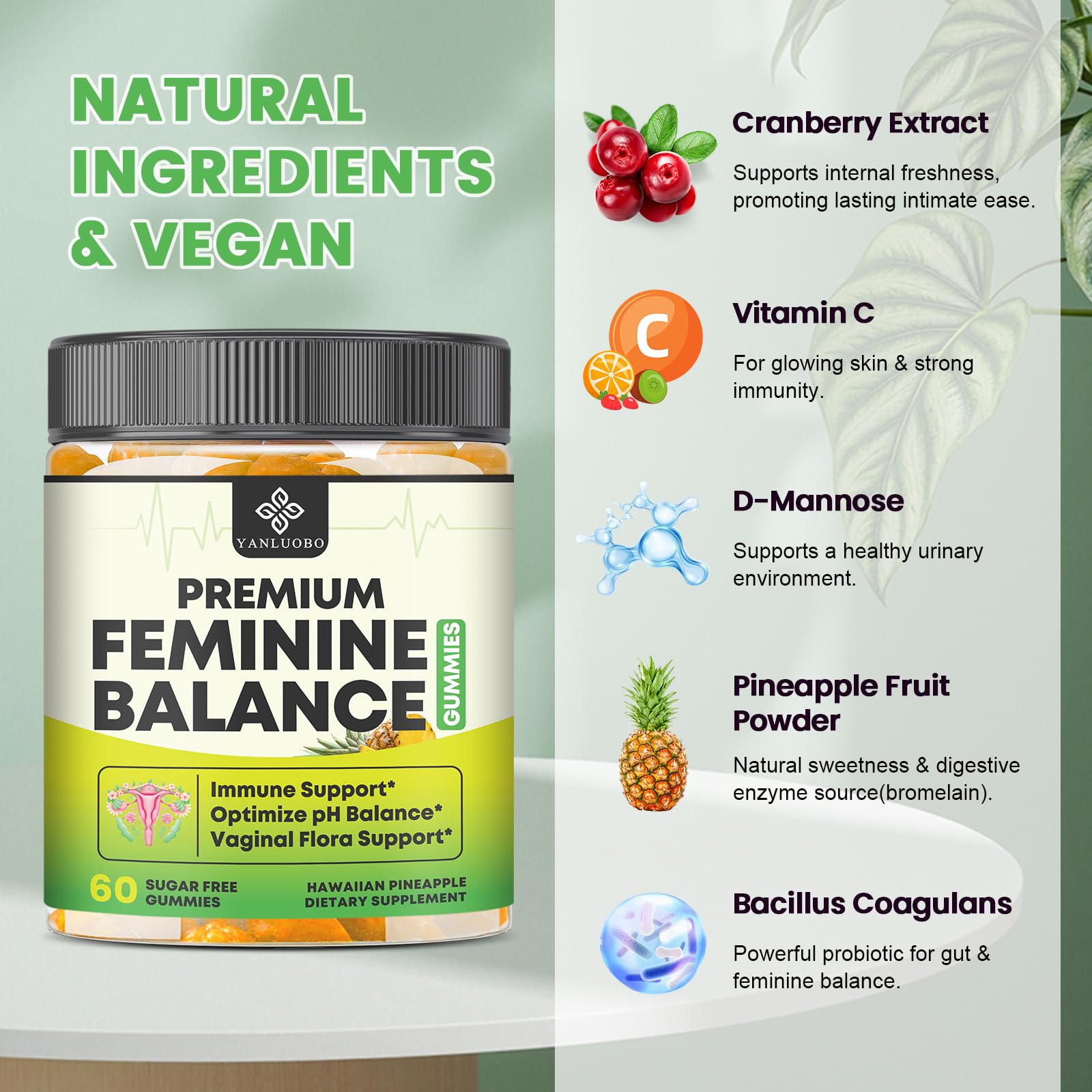 YANLUOBO Feminine Balance Probiotic Gummies - Women's Vaginal Health Support | PH Balance & Odor, Flora, Immune Support | Probiotics for Women, Vegan Pineapple Flavor, 60 Count YANLUOBO buy supplements canada