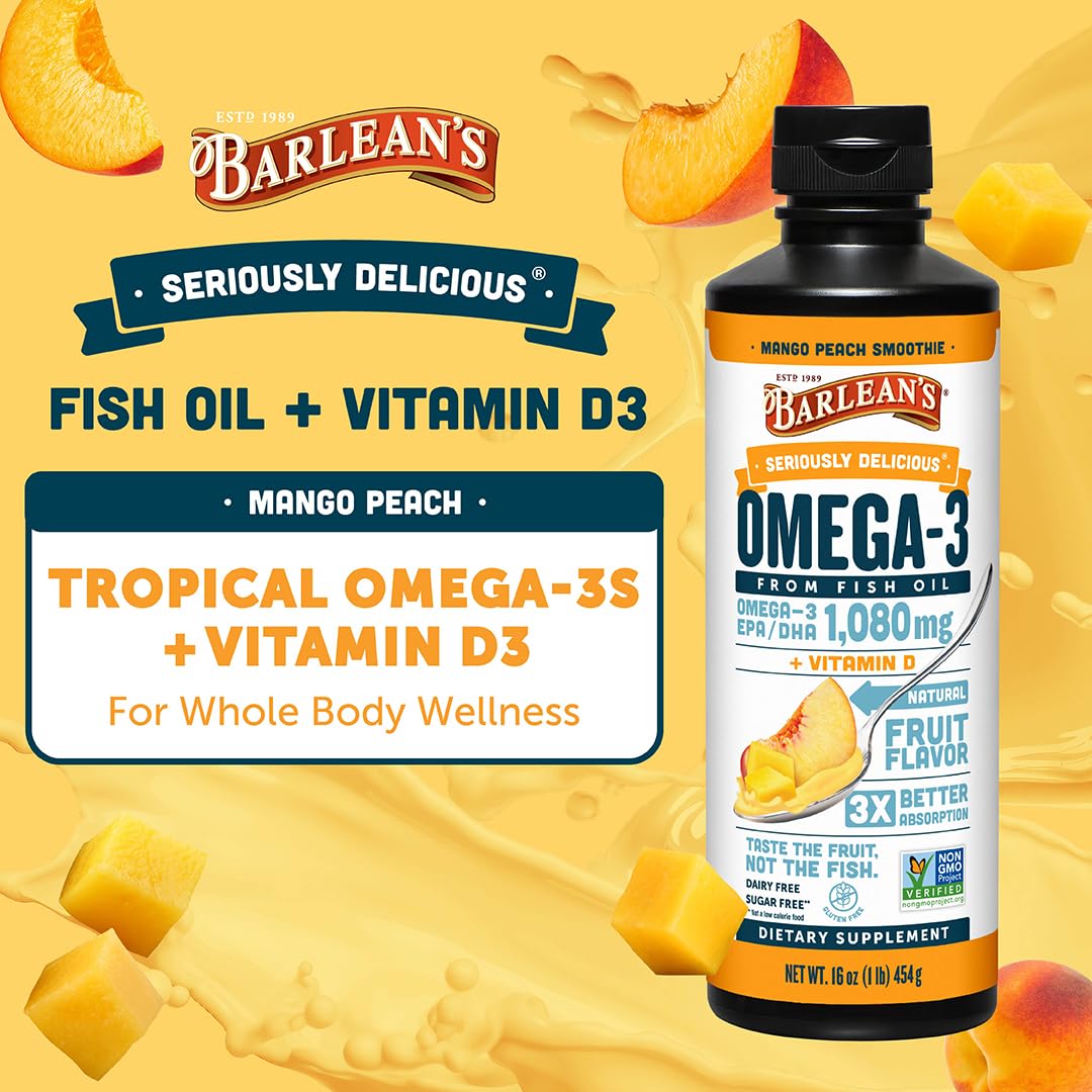 Barlean's Omega 3 Fish Oil Liquid Supplement with Vitamin D for Men and Women, 1080mg of EPA and DHA Fatty Acid, Promotes Brain & Heart Health - Non-GMO, Mango Peach, 16 oz Barlean's buy supplements canada