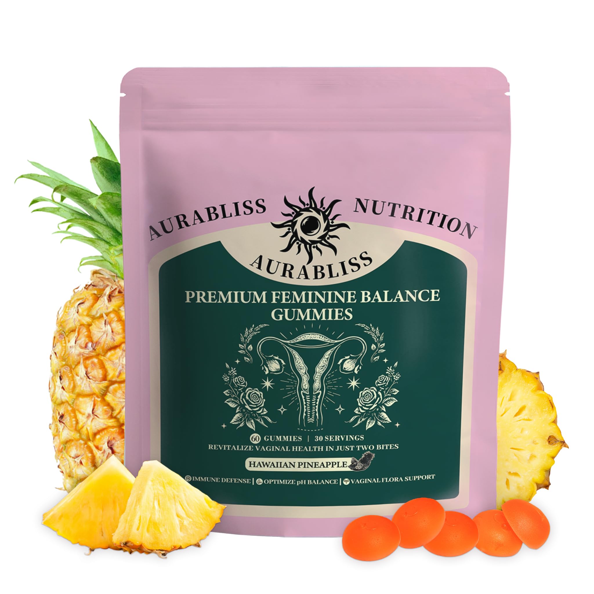 Premium Feminine Balance Gummies for Women - Hawaiian Pineapple Gummies for Women PH Balance Wellness, Immune Support, Vegan Daily Supplement for Odor and Flora Health , 60 Counts - 30 Servings Aurabliss buy supplements canada