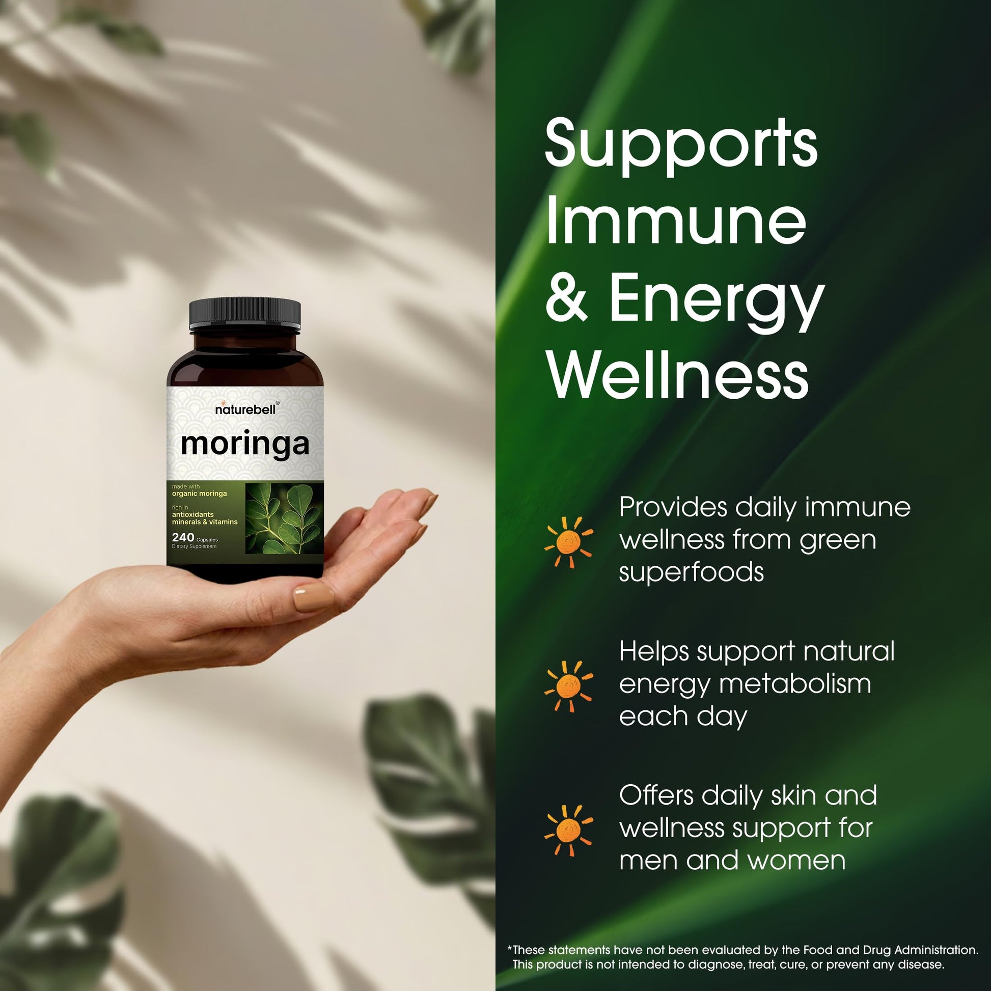NatureBell Moringa - 240 Capsules - Organic Moringa for Immune, Energy & Skin Health Support - Green Superfood Properties NatureBell buy supplements canada