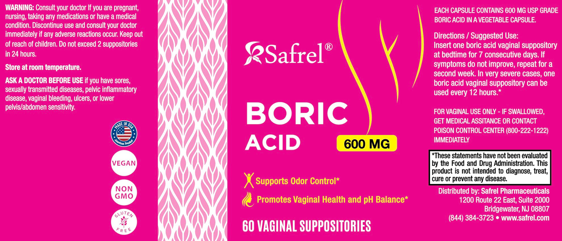 Safrel Boric Acid Vaginal Suppositories - 100% Pure Made in USA - Intimate Health Support, Vaginal Health and pH, Odor Control (60 Count) Safrel buy supplements canada