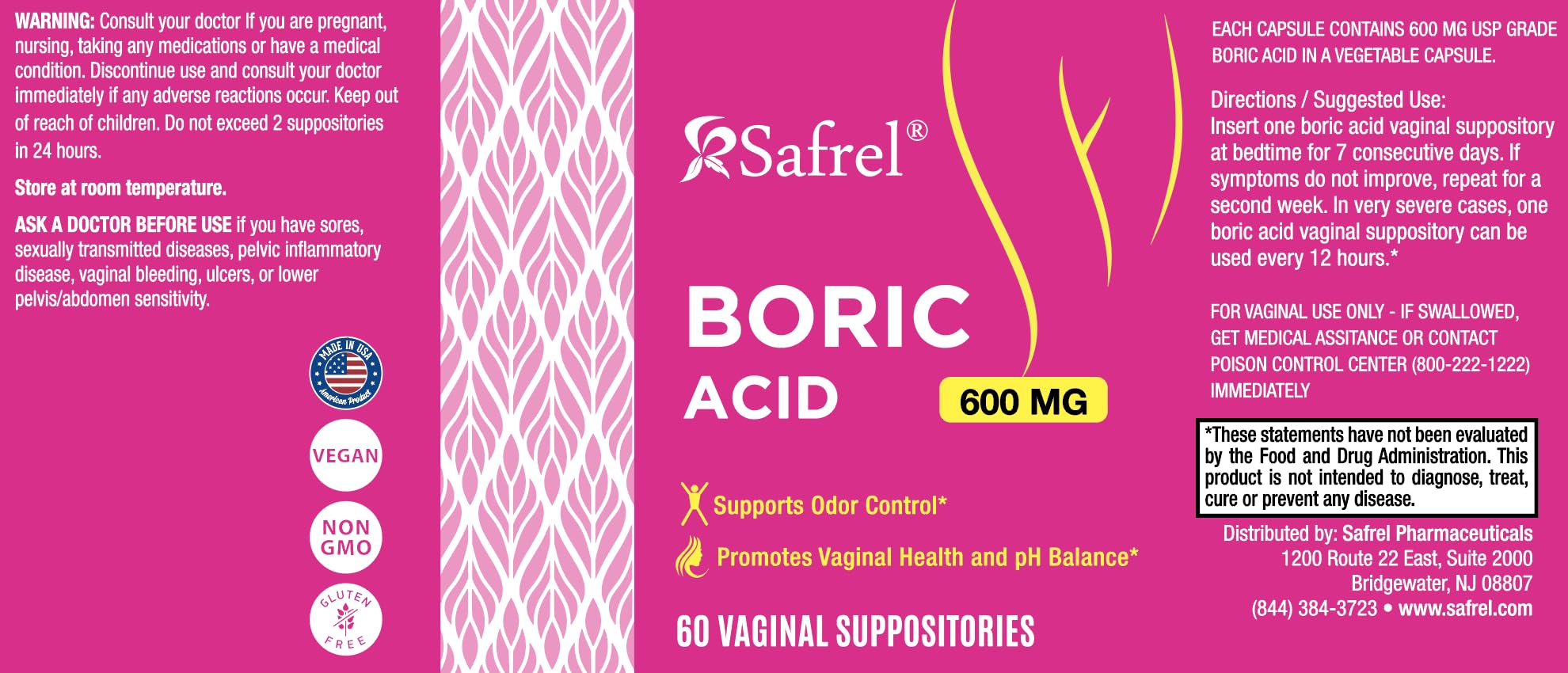 Safrel Boric Acid Vaginal Suppositories - 100% Pure Made in USA - Intimate Health Support, Vaginal Health and pH, Odor Control (60 Count) Safrel buy supplements canada