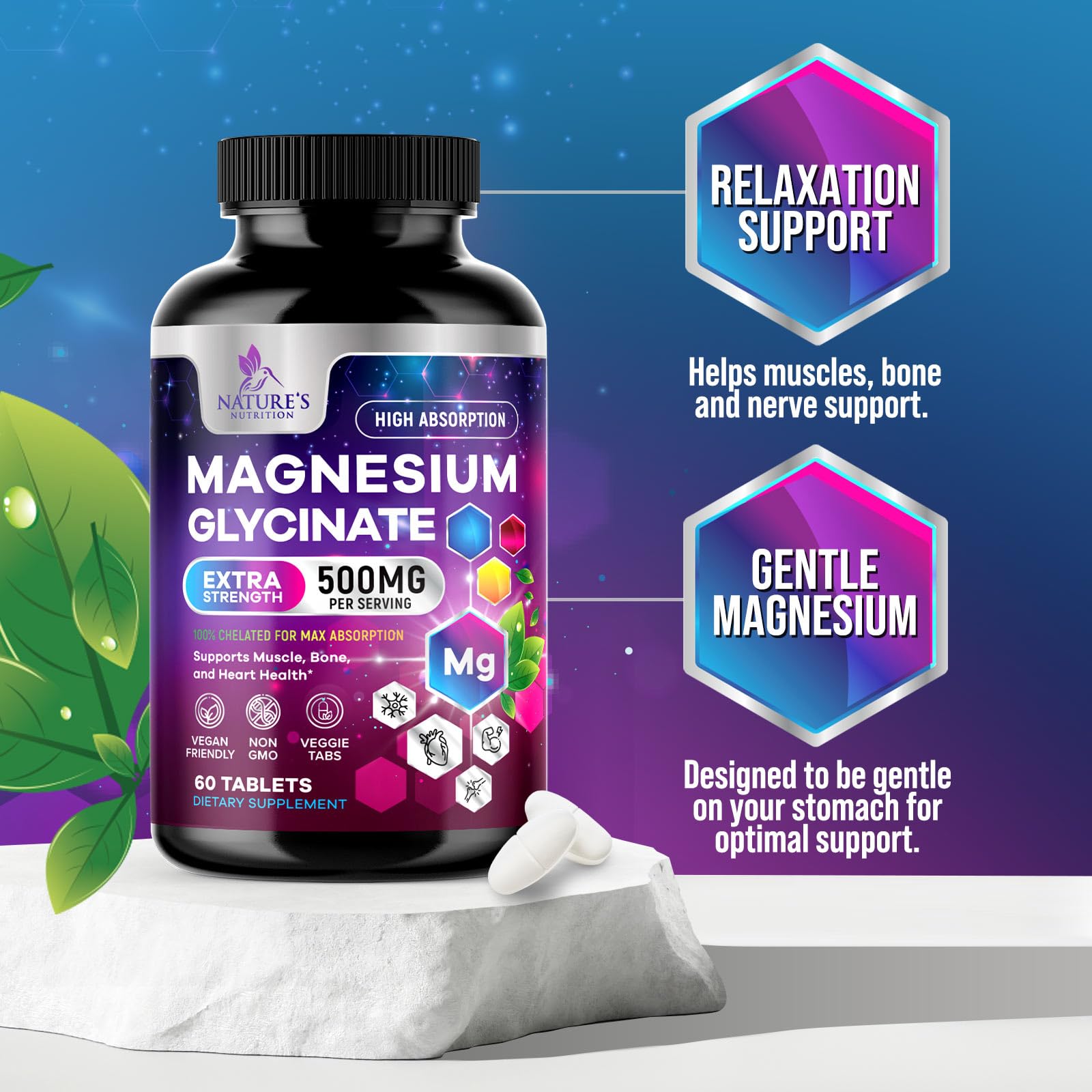 Magnesium Glycinate Supplement - 500mg Magnesium Per Serving - 100% Chelated & Purified - Supports Sleep, Heart Health, & Muscle Strength - Best Absorption Magnesium, Bottled in USA - 60 Tablets Nature's Nutrition buy supplements canada