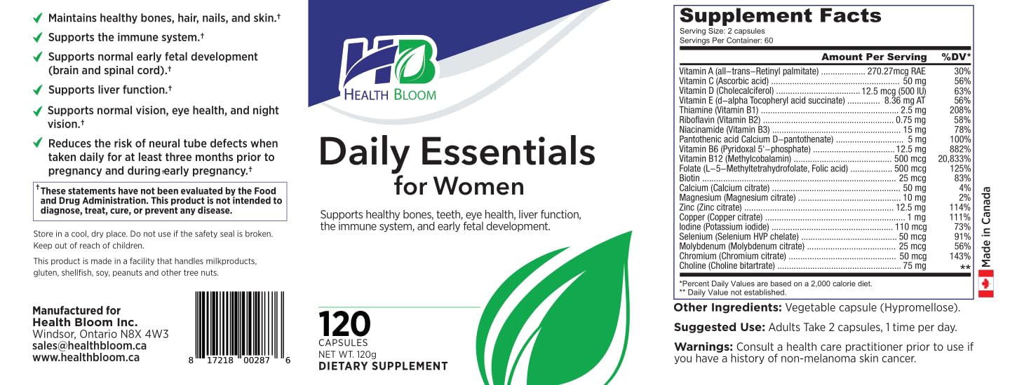 Daily Essentials for Women| 120 Capsules | Health Bloom | Vitamins and Minerals Capsules | Health Bloom Inc. buy supplements canada