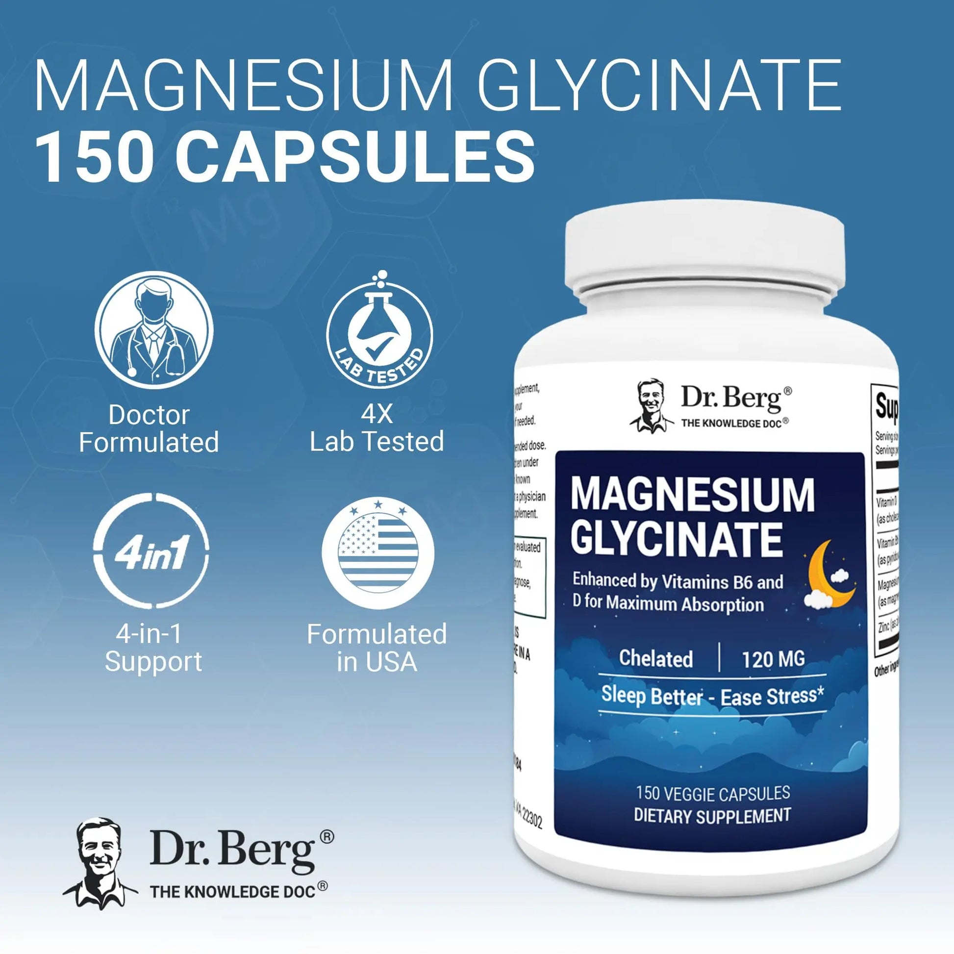 Dr. Berg Magnesium Glycinate 150ct – 4-in-1 Chelated for Muscle, Nerve, Sleep & Stress Support*– w/ D3, B6 & Zinc – 4X Lab-Tested – No Fillers – Formulated in USA, GMP-Certified Dr. Berg Nutritionals buy supplements canada