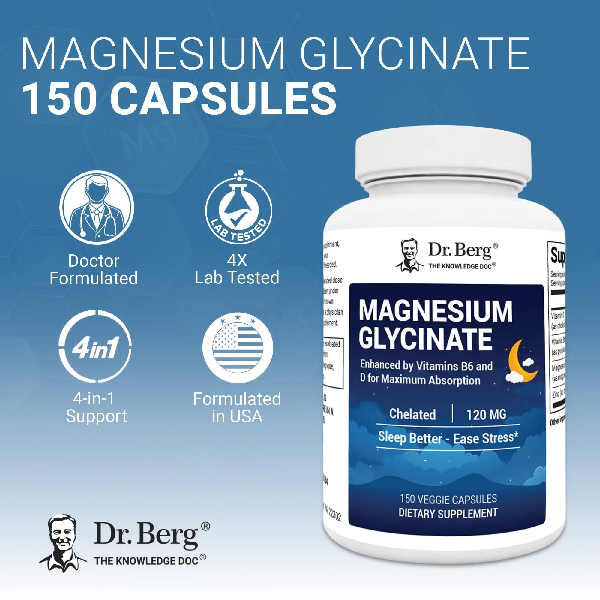 Dr. Berg Magnesium Glycinate 150ct – 4-in-1 Chelated for Muscle, Nerve, Sleep & Stress Support*– w/ D3, B6 & Zinc – 4X Lab-Tested – No Fillers – Formulated in USA, GMP-Certified Dr. Berg Nutritionals buy supplements canada