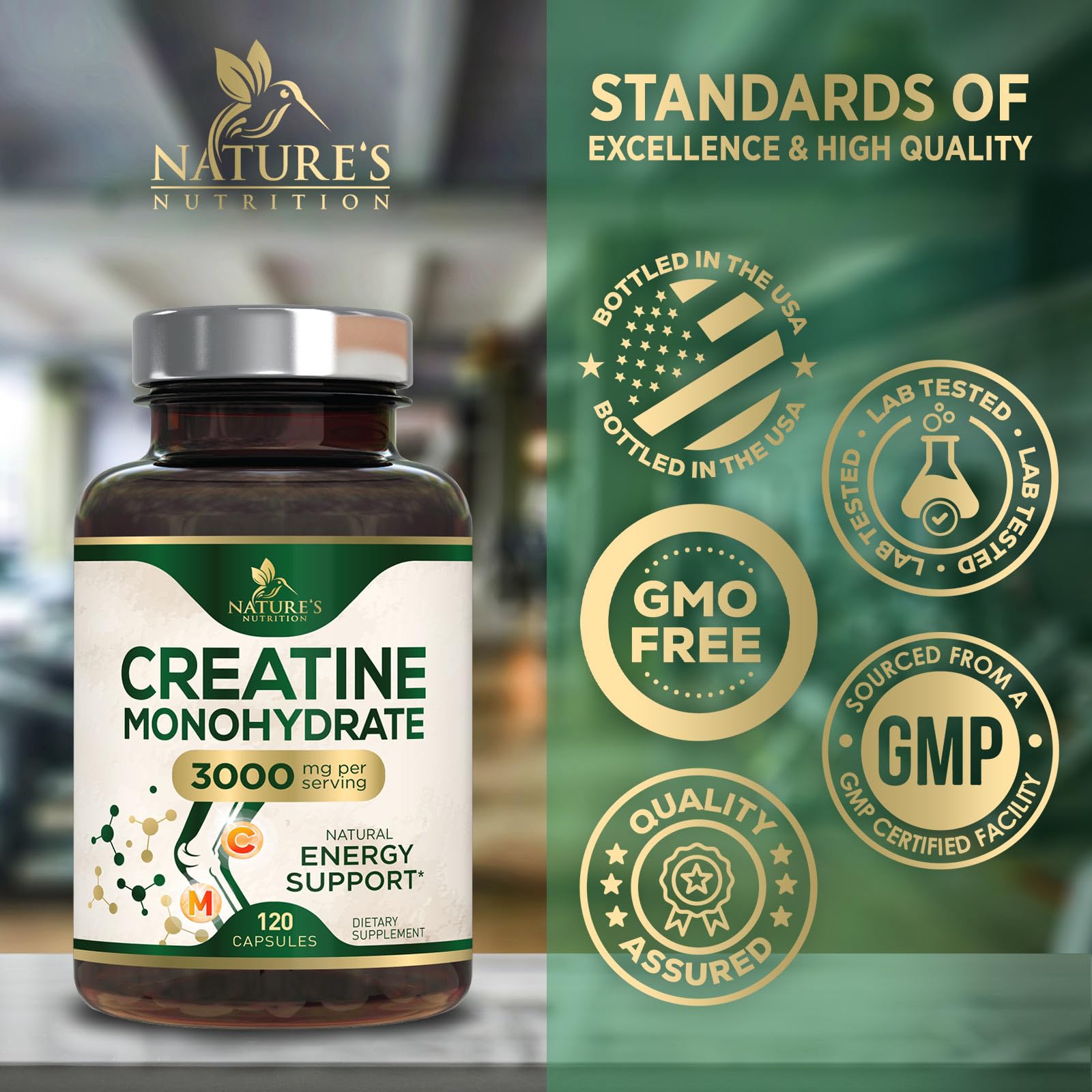 Creatine Monohydrate Capsules 3000mg Per Serving – Micronized Creatine Powder - Supports Lean Muscle, Strength, Energy, & Endurance - Nature's Supplement, Non-GMO, Bottled in USA - 120 Capsules Nature's Nutrition buy supplements canada