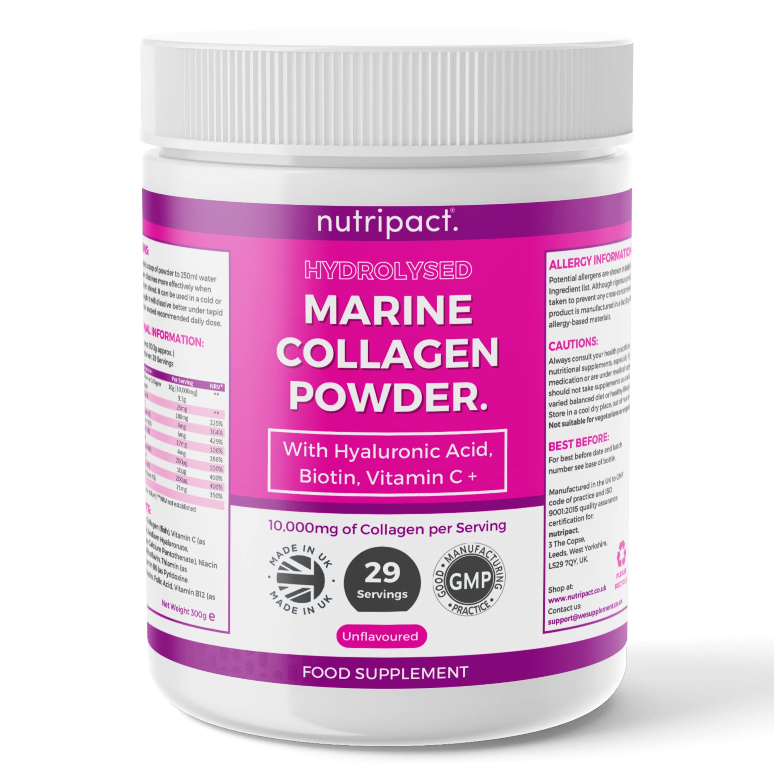 Hydrolysed Marine Collagen Peptides Powder with Hyaluronic Acid, Biotin, Vitamin C & B Vitamins – 10,000mg Collagen nutripact buy supplements canada