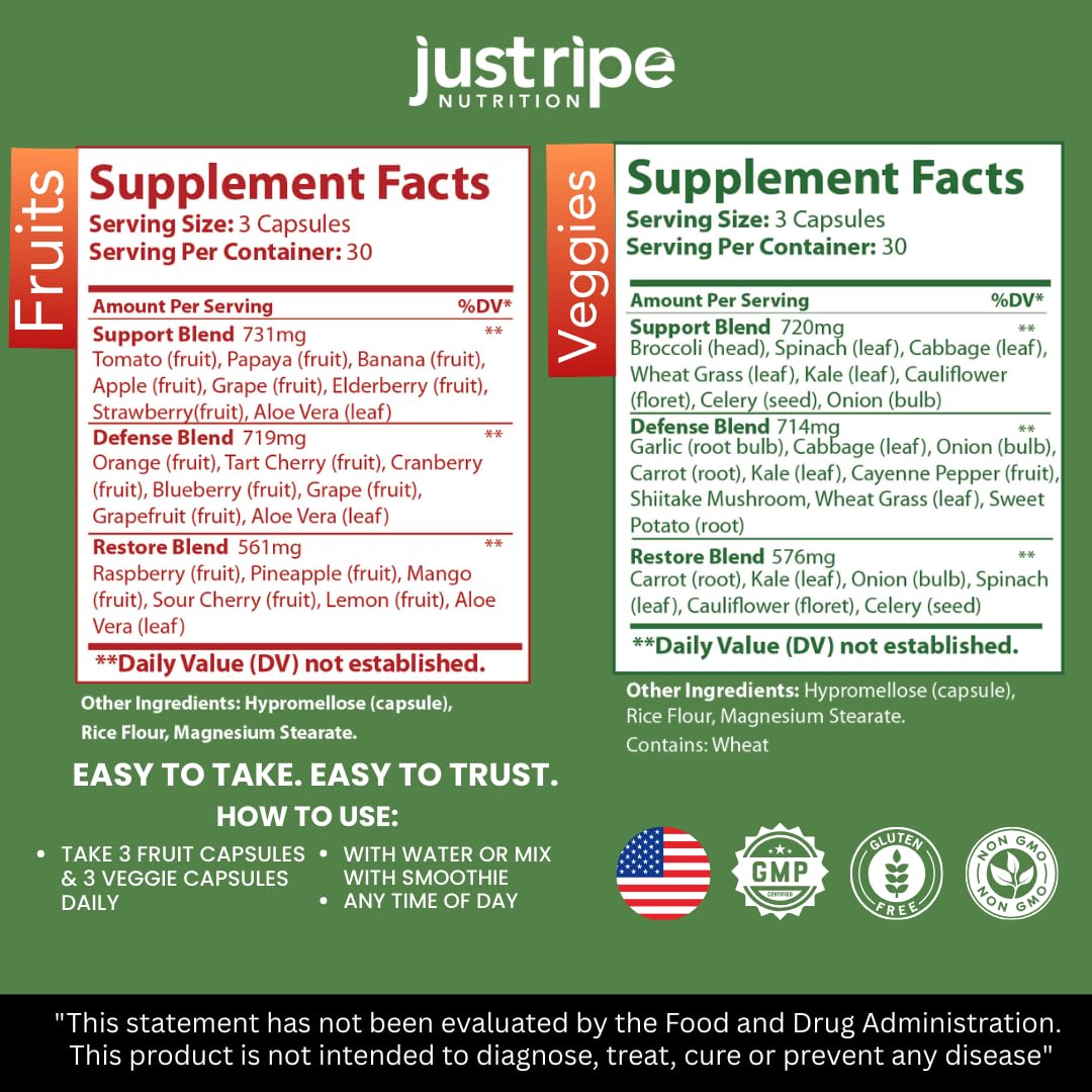 Fruits and Veggies Supplement - 90 Fruit and 90 Vegetable Capsules - 100% Whole Natural Superfood - Filled with Super Greens Vitamins and Minerals - Supports Balance Energy Levels (1 Pack) Just Ripe Nutrition buy supplements canada