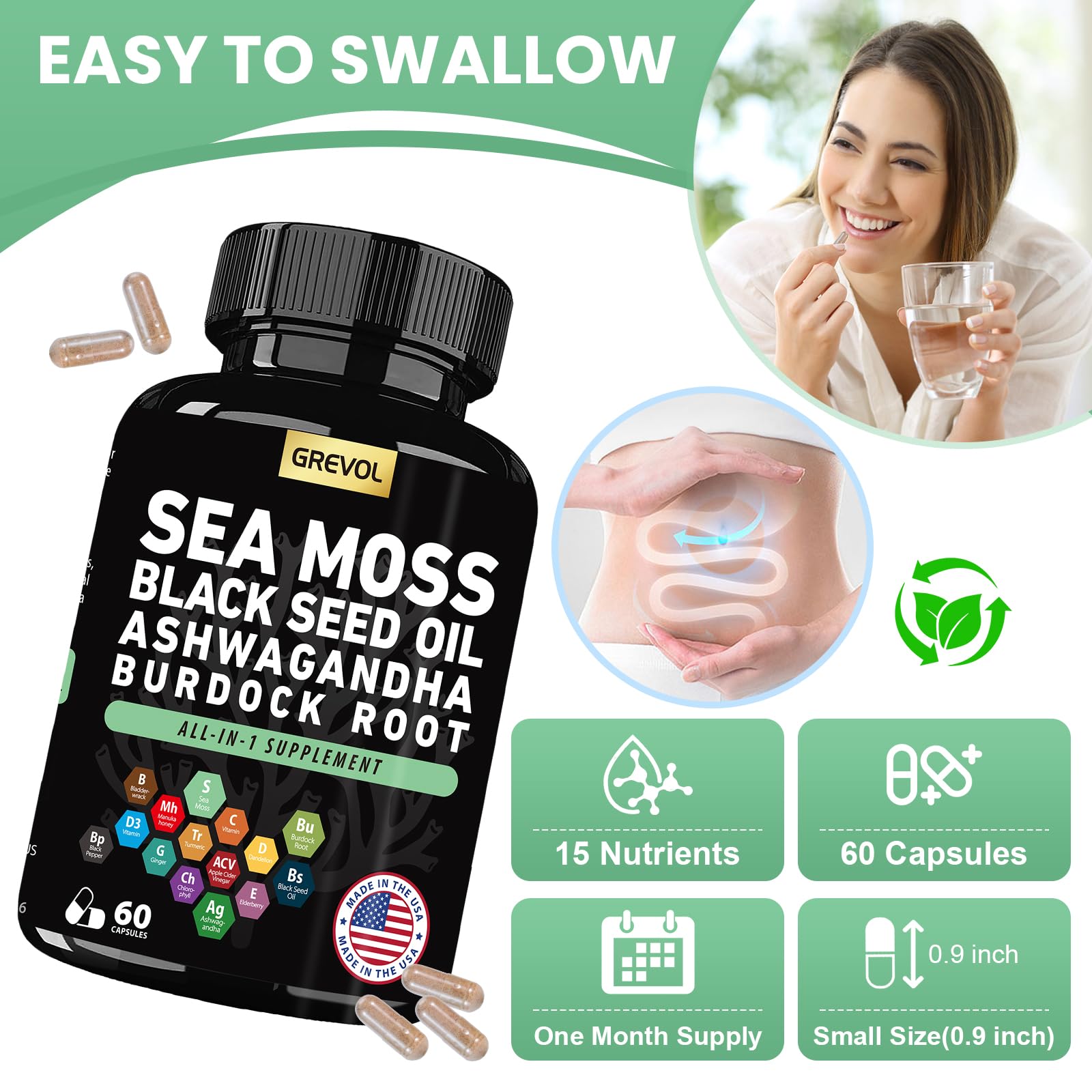 Sea Moss Black Seed Oil Ashwagandha Bladderwrack Burdock Root Turmeric & Vitamin C D3 Elderberry ACV Black Pepper - Multimineral Supplement - 60 Count Grevol buy supplements canada