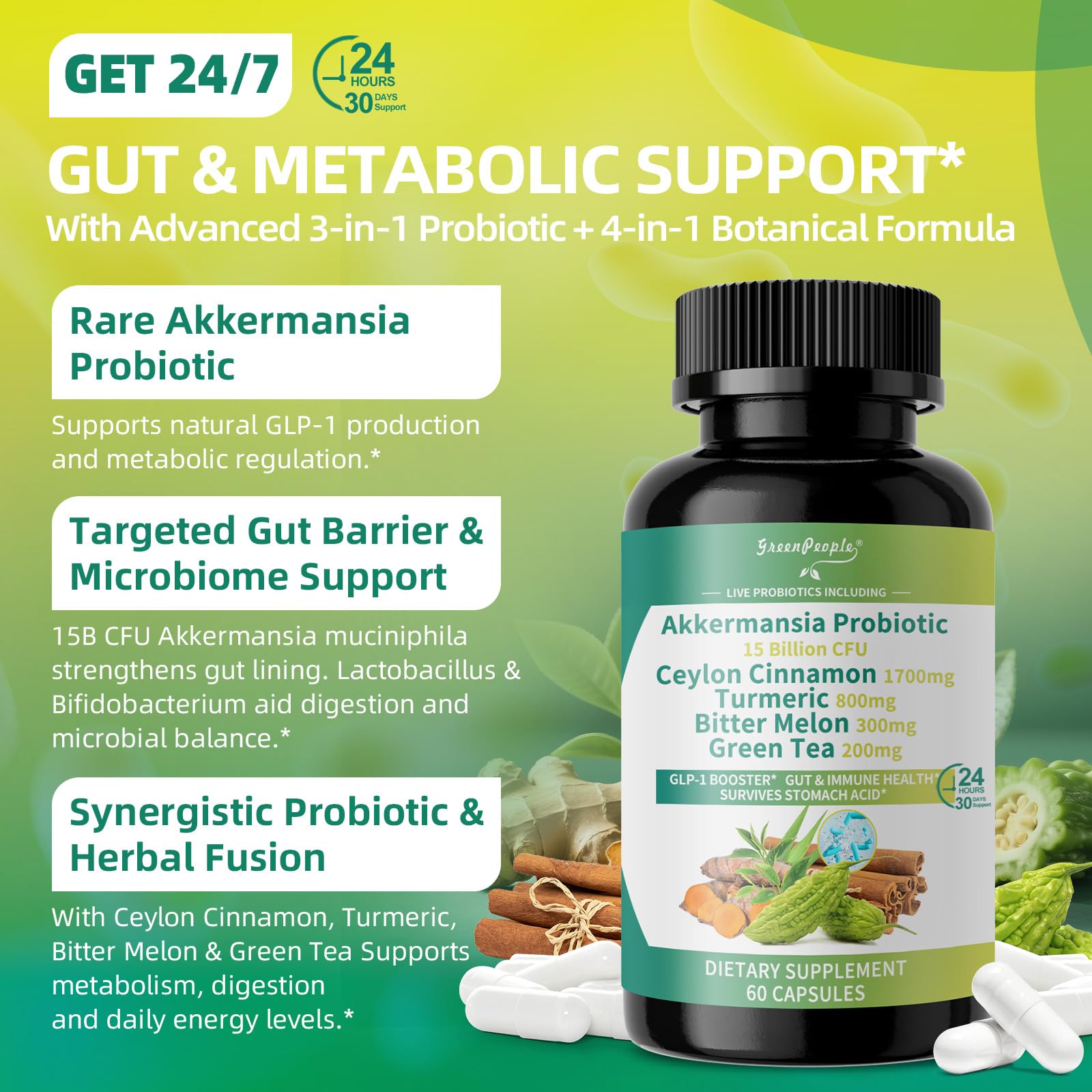 GREENPEOPLE Akkermansia Probiotics 15B CFU for Gut Function, 60CT Probiotics Supplement with Ceylon Cinnamon, Turmeric | Digestive Health & Metabolic Support GREENPEOPLE buy supplements canada