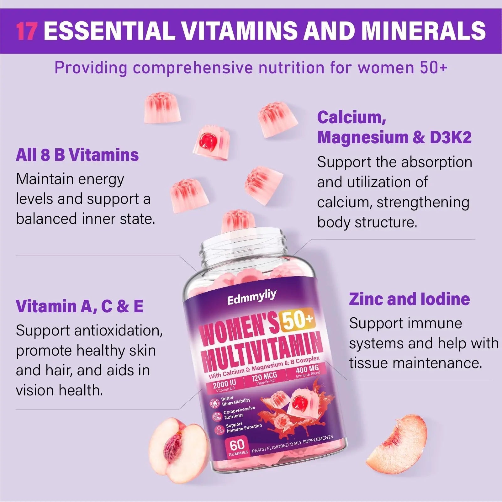 Womens Multivitamin Gummy 50 and Over - Chewable Multi Vitamin A, C, D3, E, K2 & B Complex, Folate, Biotin, Calcium, Magnesium Edmmyliy buy supplements canada