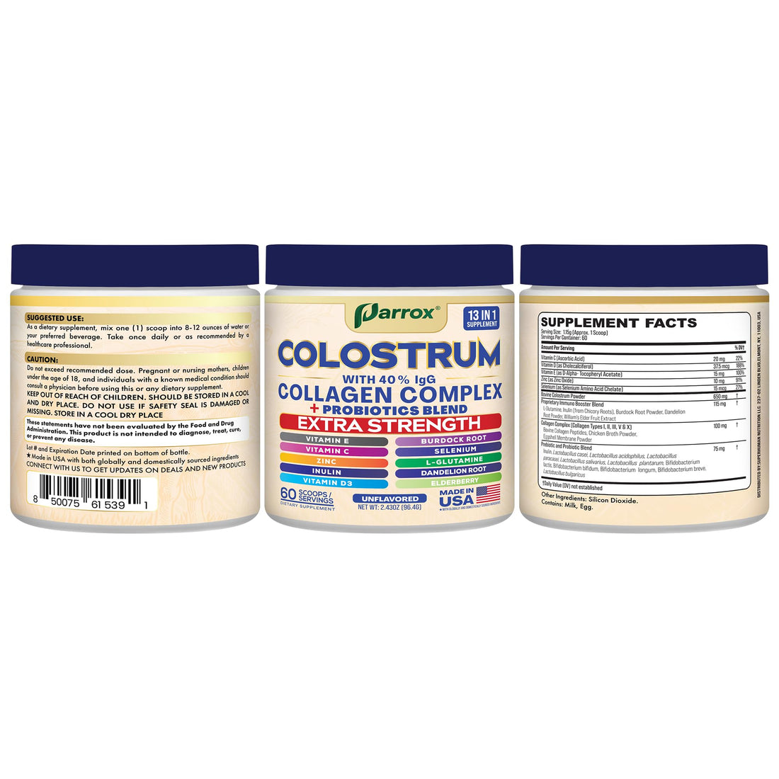 Parrox Colostrum Powder with 40% IgG, Collagen, Probiotics, Burdock Root, L-Glutamine, Elderberry, Vitamin C, Vitamin E, Vitamin D3, Inulin, Selenium, Dandelion Root, Zinc, 60 Servings (Unflavored) Parrox buy supplements canada