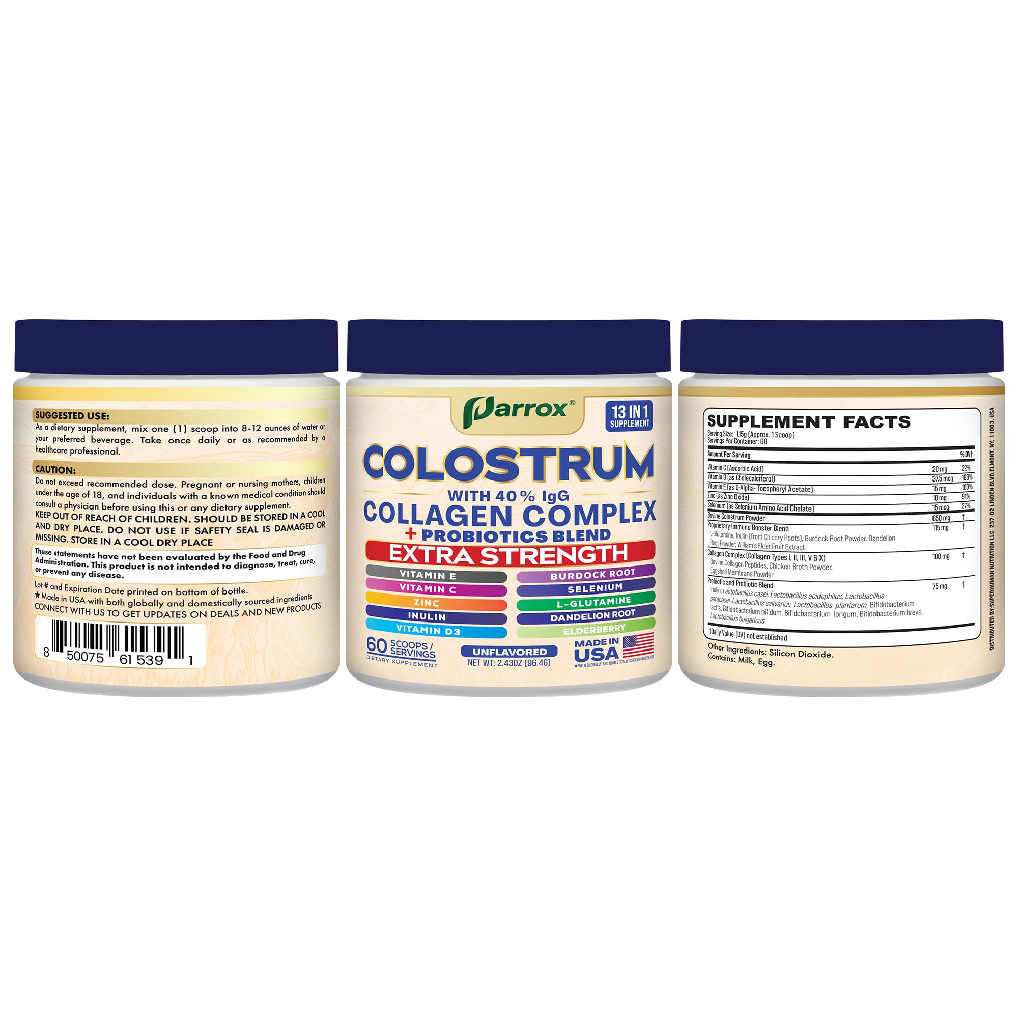 Parrox Colostrum Powder with 40% IgG, Collagen, Probiotics, Burdock Root, L-Glutamine, Elderberry, Vitamin C, Vitamin E, Vitamin D3, Inulin, Selenium, Dandelion Root, Zinc, 60 Servings (Unflavored) Parrox buy supplements canada