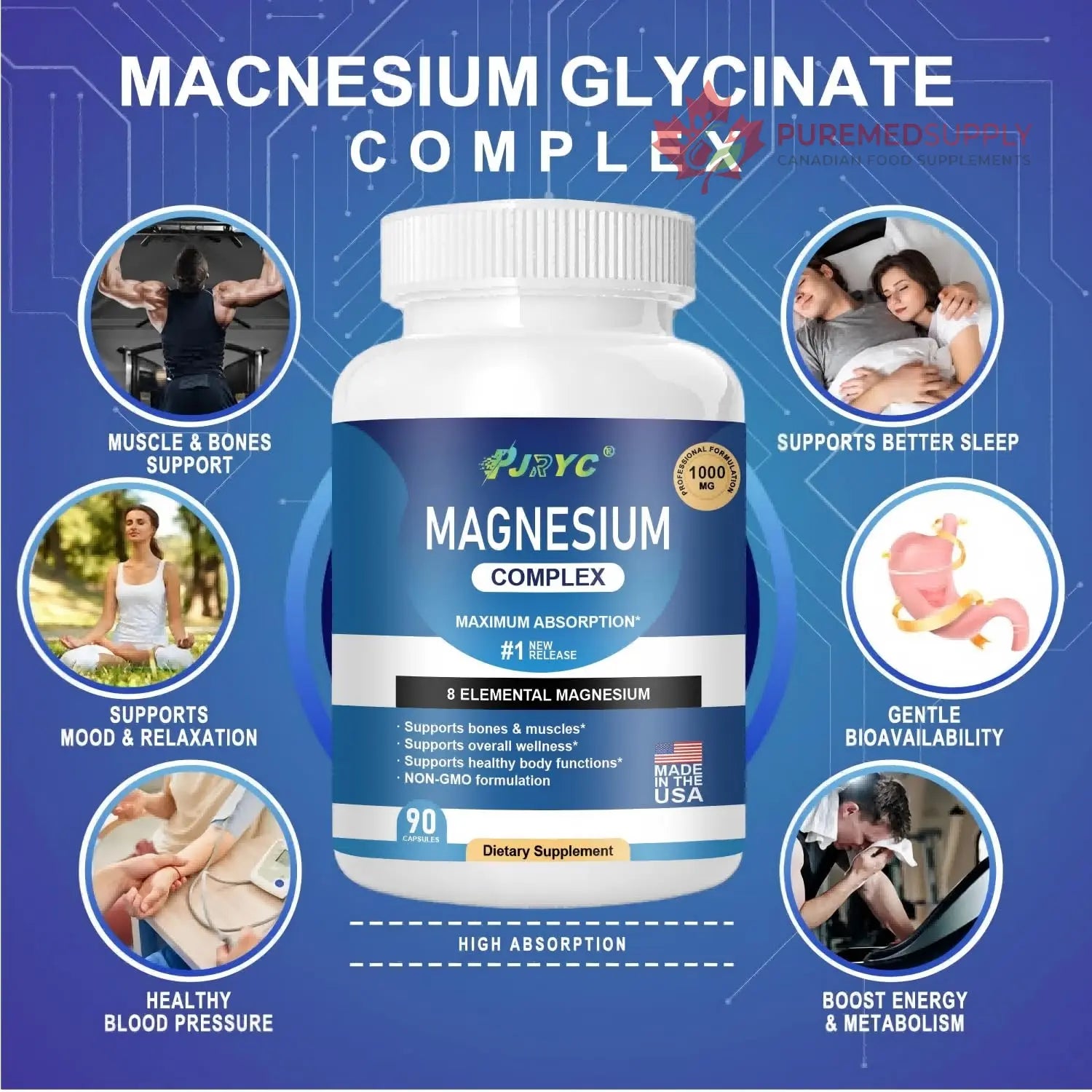 Magnesium Complex Supplement - 1000mg with 8 Magnesium Forms: Glycinate, Citrate, Malate, Taurate & Orotate - Supports Muscle Function, Bone Strength & Relaxation - Vegan, Non-GMO - 180 Capsules PJRYC buy supplements canada