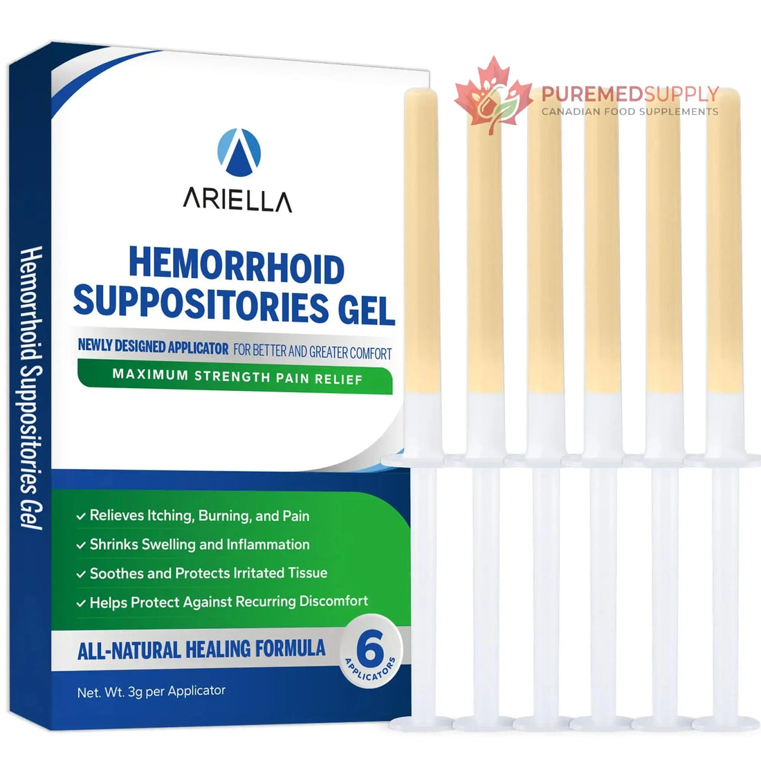 Ariella Hemorrhoid Treatment Suppository Gel: Natural & Herbal - Relieve Itching Burning Discomfort - Internal Relief - New Rounded Applicator - Nighttime Use (Pack of 6) Ariella buy supplements canada