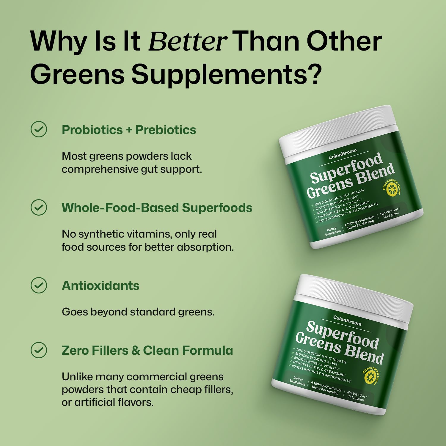 ColonBroom Superfood Greens Powder Supplement | Super Greens Juice Powder with Probiotics, Prebiotics, Spirulina & Chlorella | Natural for Energy, Immunity, Digestion & Detox Support | 28 Servings ColonBroom buy supplements canada