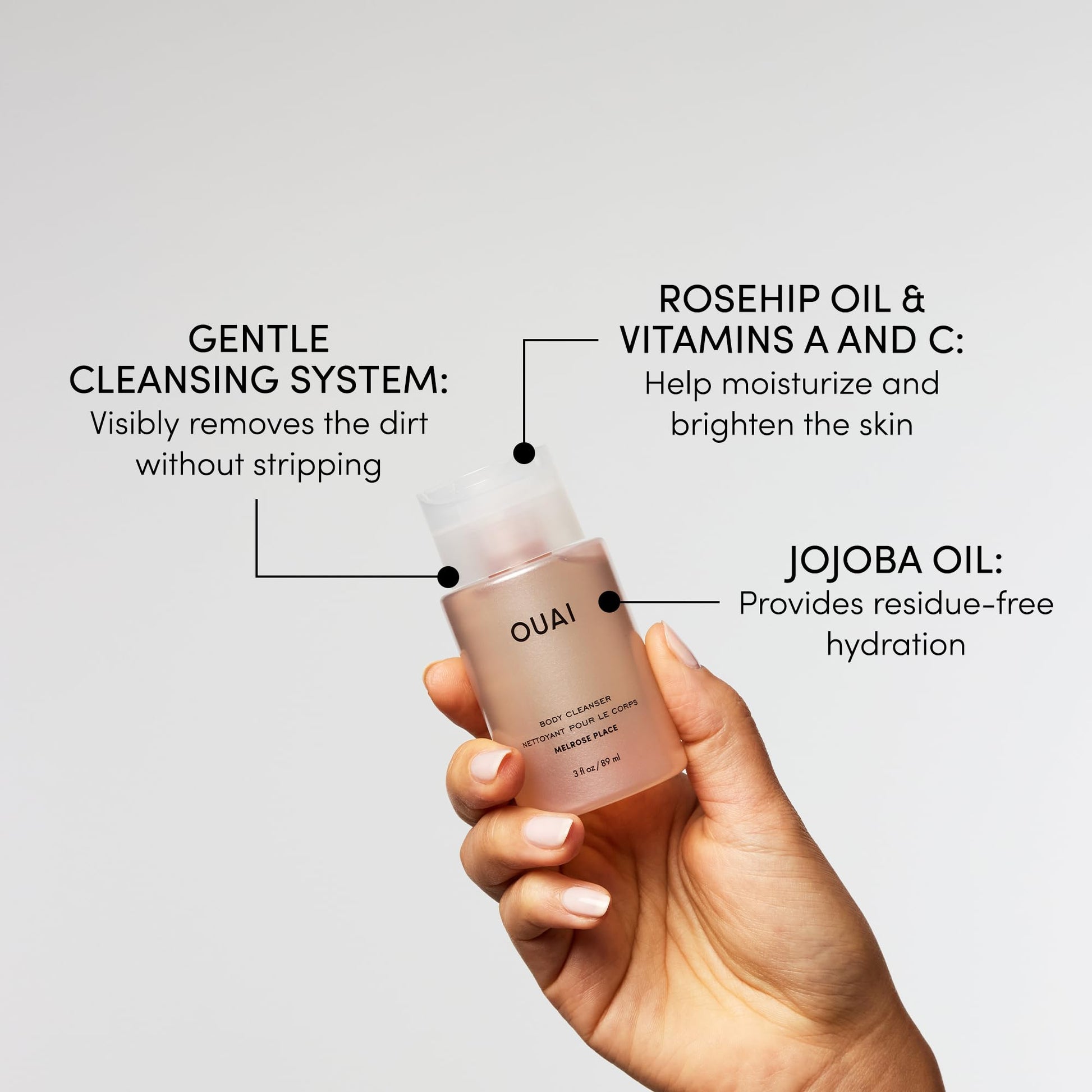 OUAI Body Cleanser Travel Size, Melrose Place - Foaming Body Wash with Jojoba Oil & Rosehip Oil to Hydrate, Balance & Soften Skin - Paraben, Phthalate, Sulfate Free Skin Care Products (3 Fl Oz) OUAI buy supplements canada