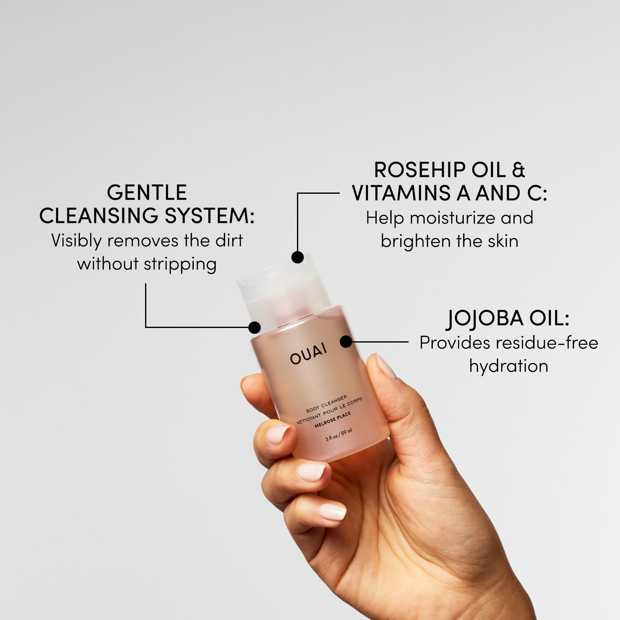 OUAI Body Cleanser Travel Size, Melrose Place - Foaming Body Wash with Jojoba Oil & Rosehip Oil to Hydrate, Balance & Soften Skin - Paraben, Phthalate, Sulfate Free Skin Care Products (3 Fl Oz) OUAI buy supplements canada