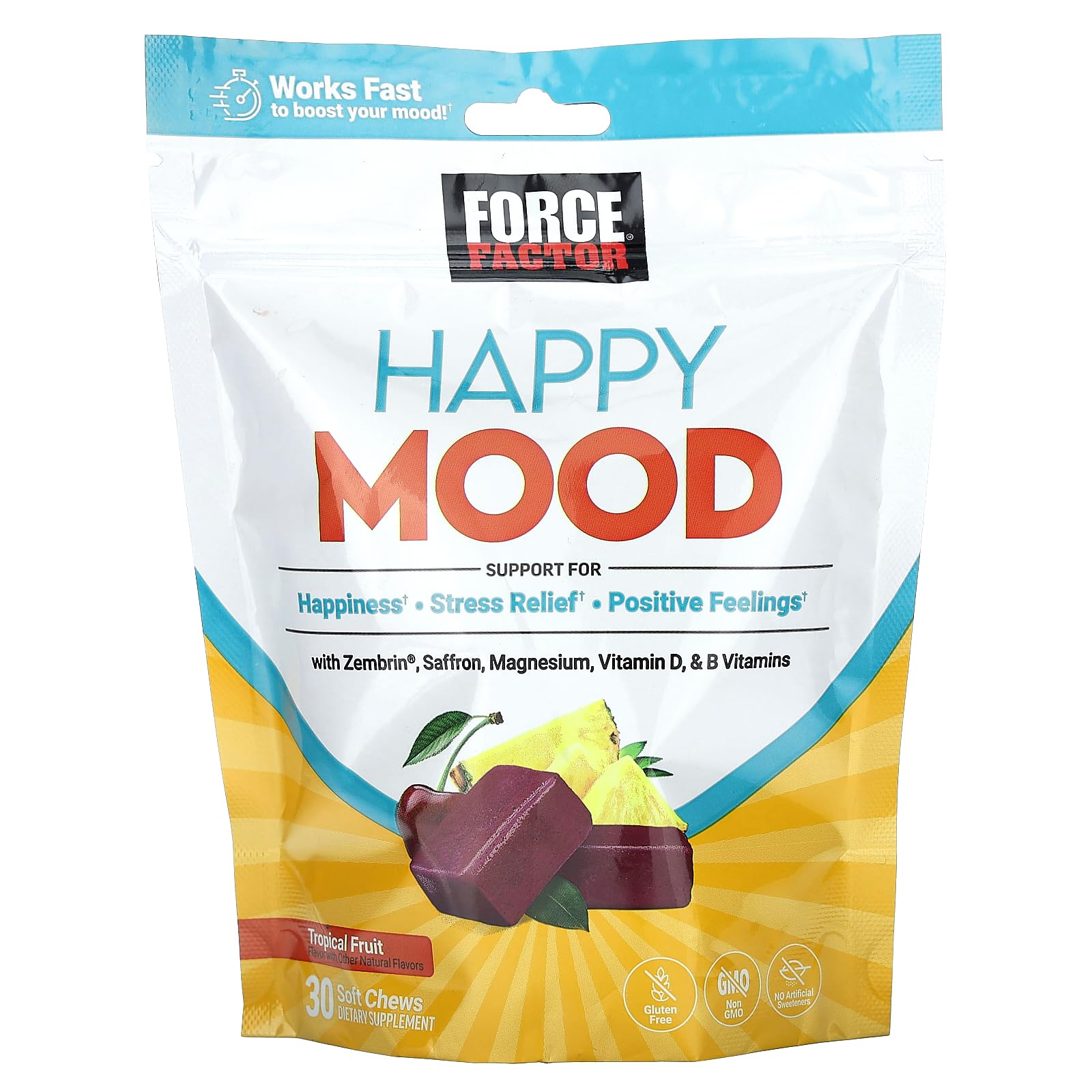 FORCE FACTOR Happy Mood, Mood Support and Mood Balance Supplement to Support Happiness, Positivity, and Stress, Made with Magnesium, Saffron, Zembrin, Non-GMO, Tropical Fruit Flavor, 30 Soft Chews Force Factor buy supplements canada