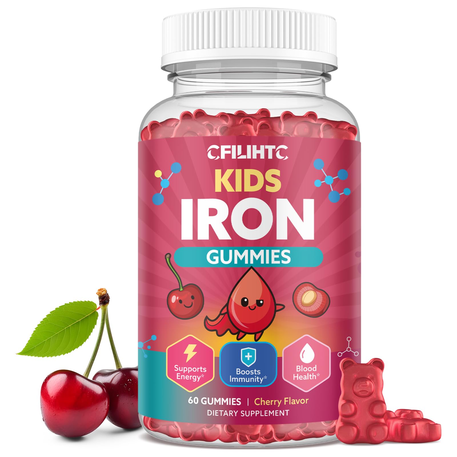 Iron Gummies for Kids & Teens, Kids Multivitamin with Iron Supplement, Calcium, Folate, Zinc, Prebiotic - for Blood Builder & Energy Support, Iron Deficiency - Vegan & Non-GMO - 60 Count Cherry CFILIHTC buy supplements canada