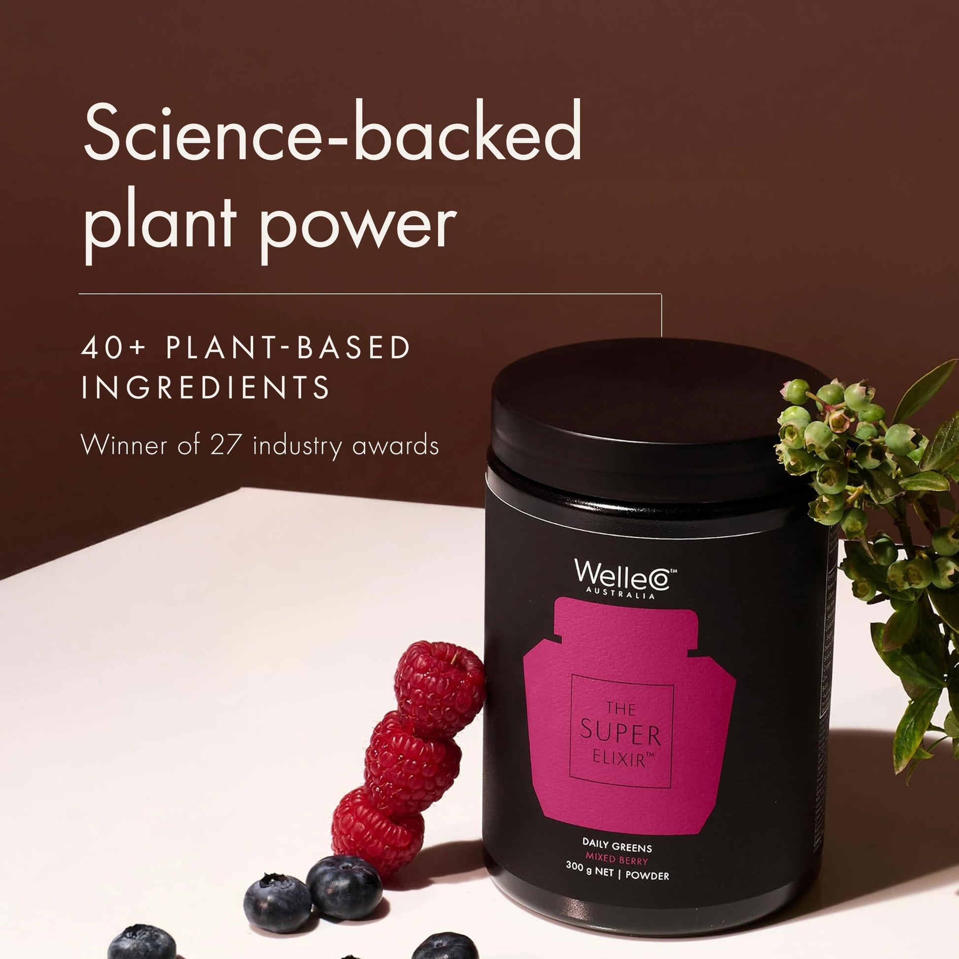 WelleCo The Super Elixir Daily Greens Powder, Probiotic Drink Mix with Whole Foods, Gluten Free, Vegan Gut Health Powder, Energy, Immunity, Healthy Skin, Hair & Nails (300g, Mixed Berry) WelleCo buy supplements canada