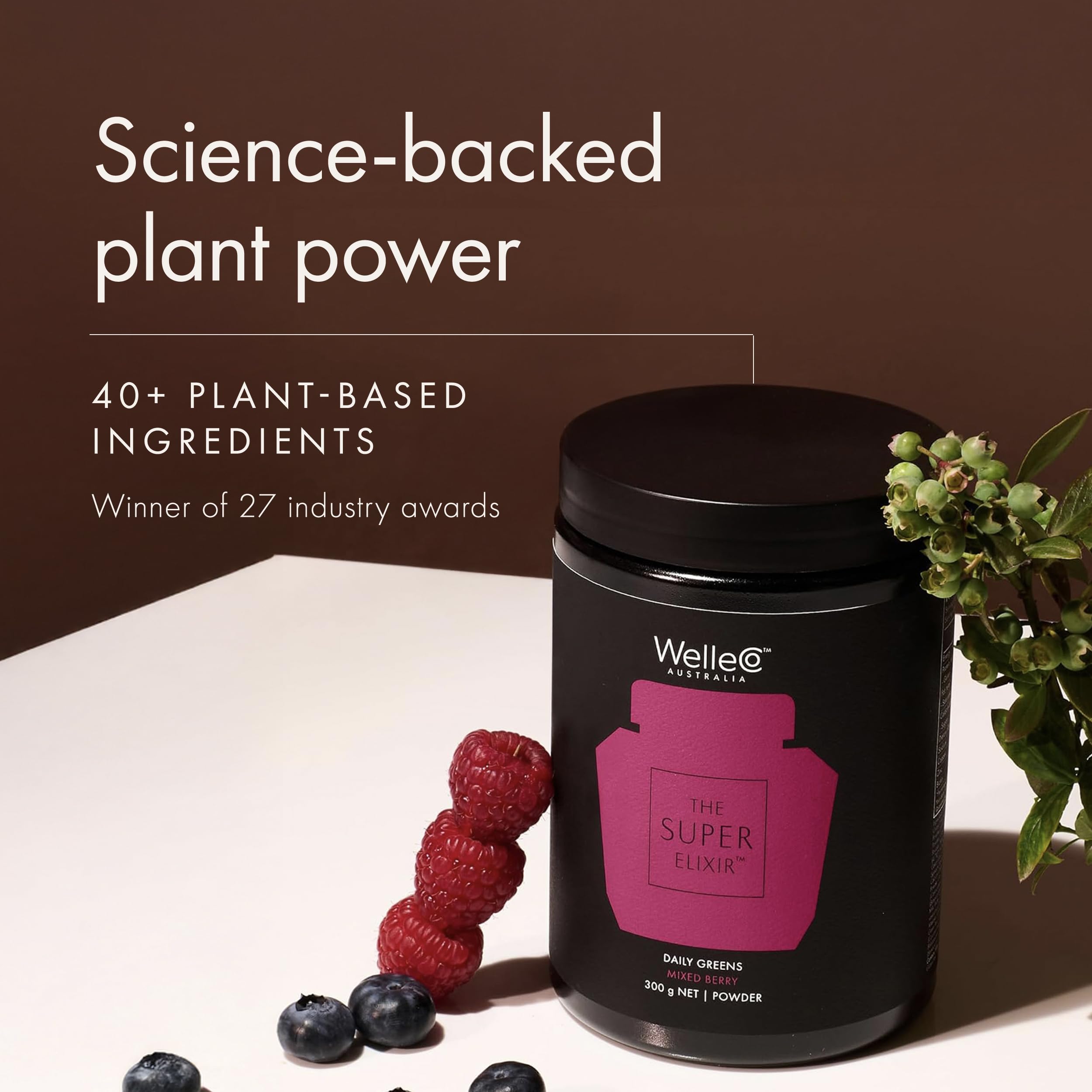 WelleCo The Super Elixir Daily Greens Powder, Probiotic Drink Mix with Whole Foods, Gluten Free, Vegan Gut Health Powder, Energy, Immunity, Healthy Skin, Hair & Nails (300g, Mixed Berry) WelleCo buy supplements canada