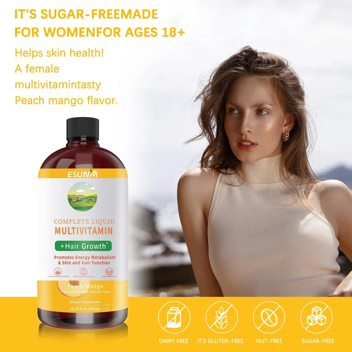 ESUNM Complete Liquid Multivitamin + Hair Growth, Promotes Energy Metabolism& Skin and Hair Function| Vitamin C D | B Vitamins | ESUNM buy supplements canada