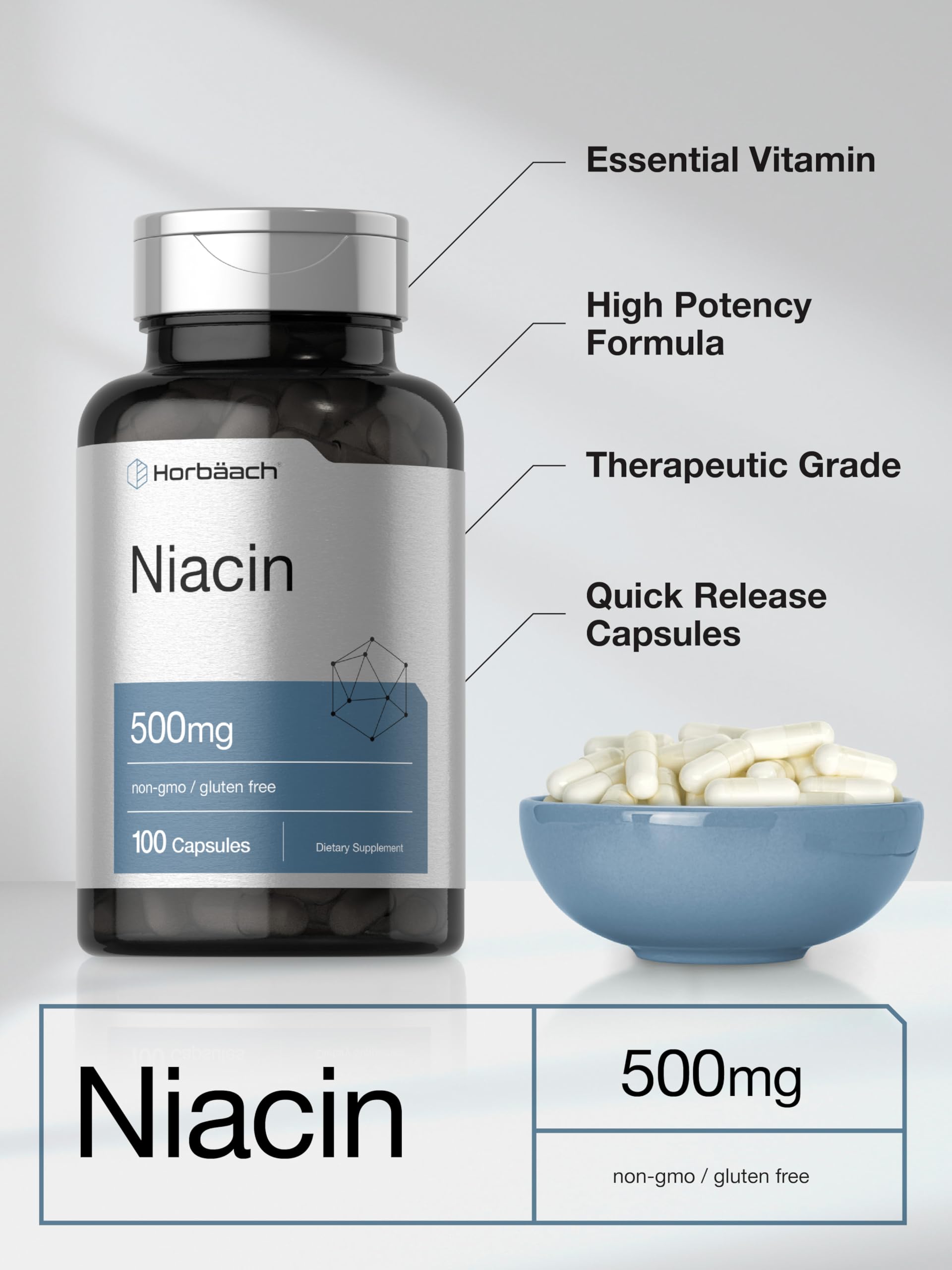 Niacin | Vitamin B3 500mg | 100 Capsules | with Flushing | Non-GMO, and Gluten Free Horbäach buy supplements canada