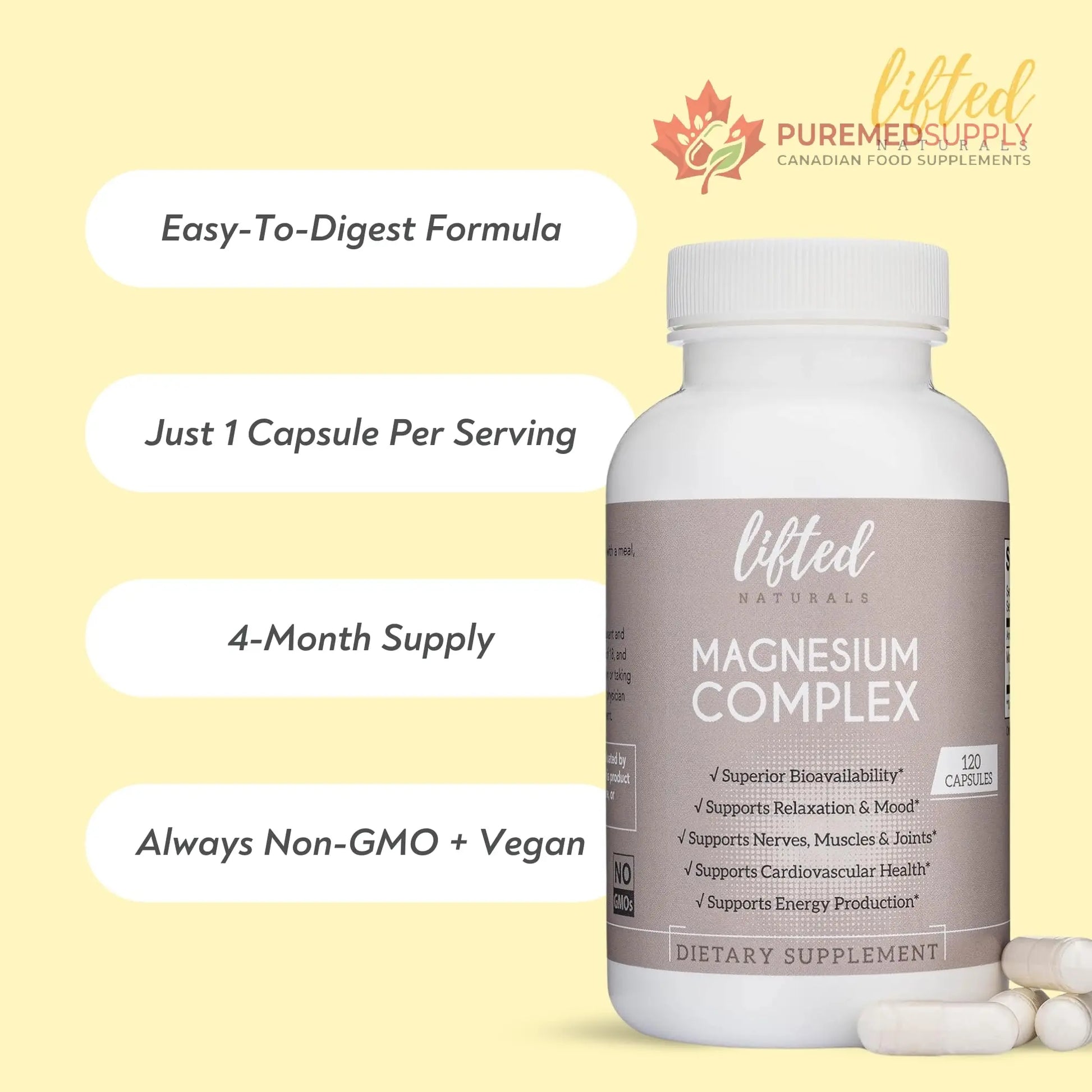 Magnesium Complex - Lifted Naturals Magnesium Supplement w/Bisglycinate, Malate, Taurate - 120 Capsules - Bioavailable Magnesium Formula for Mood, Sleep, Energy Support* Lifted Naturals buy supplements canada