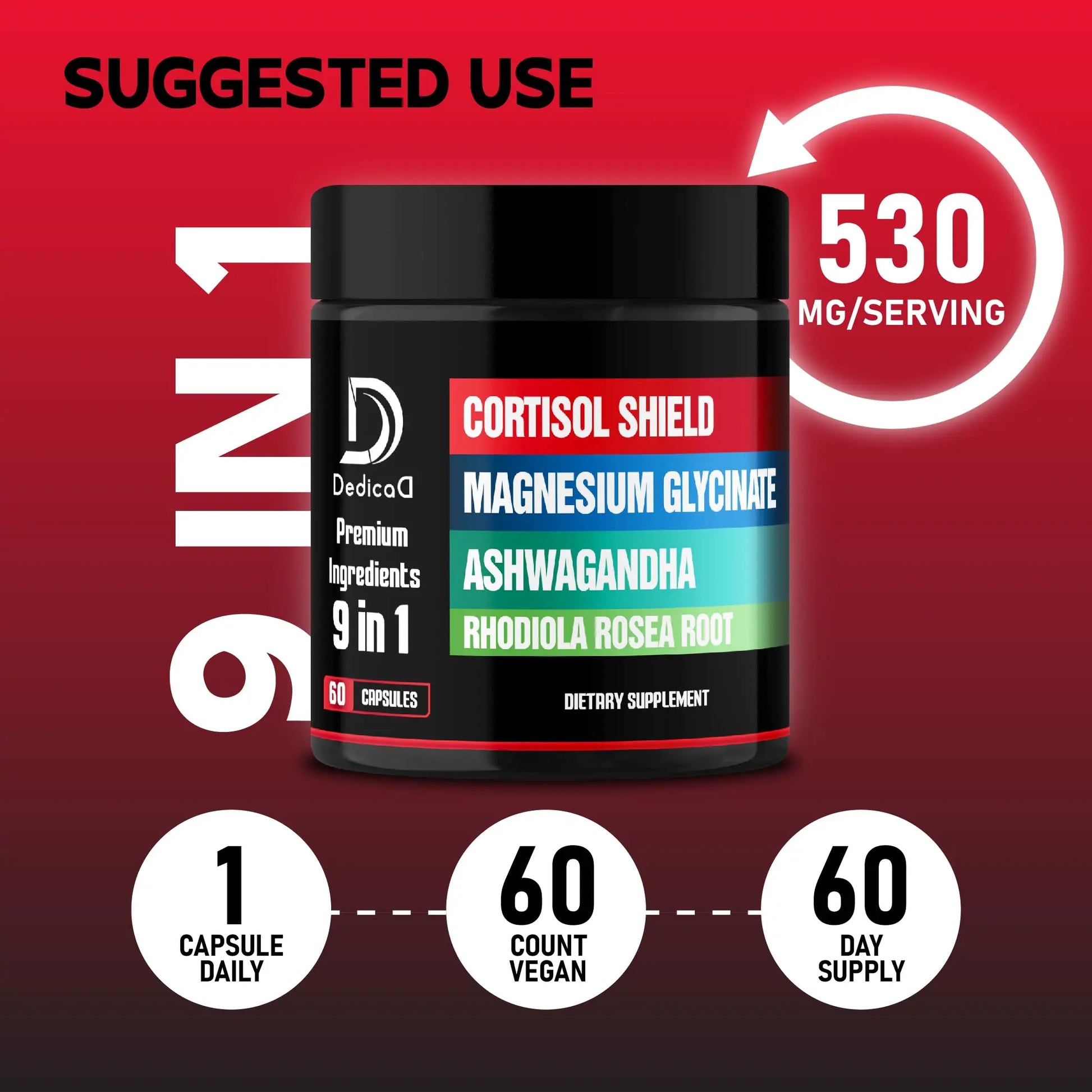 DEDICAD 9in1 Cortisol Shield - Magnesium Glycinate & Ashwagandha with Rhodiola, Phosphatidylserine, Passion Flower, L-Theanine, Apigenin, Licorice, Magnolia - Rest Well & Mood Balance - 60 Count DEDICAD buy supplements canada