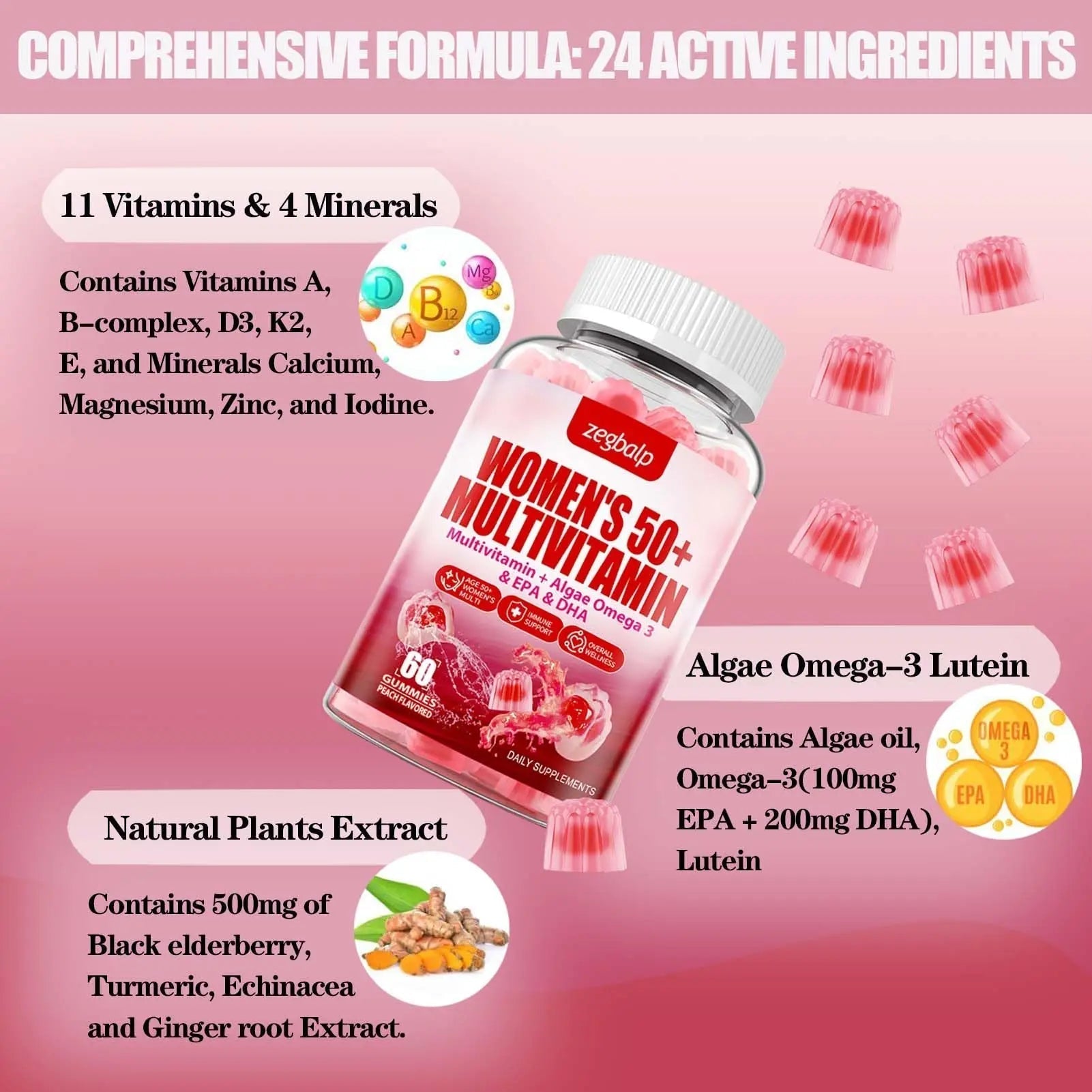 ZEGBALP Sugar-Free Womens Multivitamin 50 Plus Gummies with Calcium, Magnesium, Zinc, Vitamin A, C, D3, E, K2, B Complex, Folate, Biotin ZEGBALP buy supplements canada