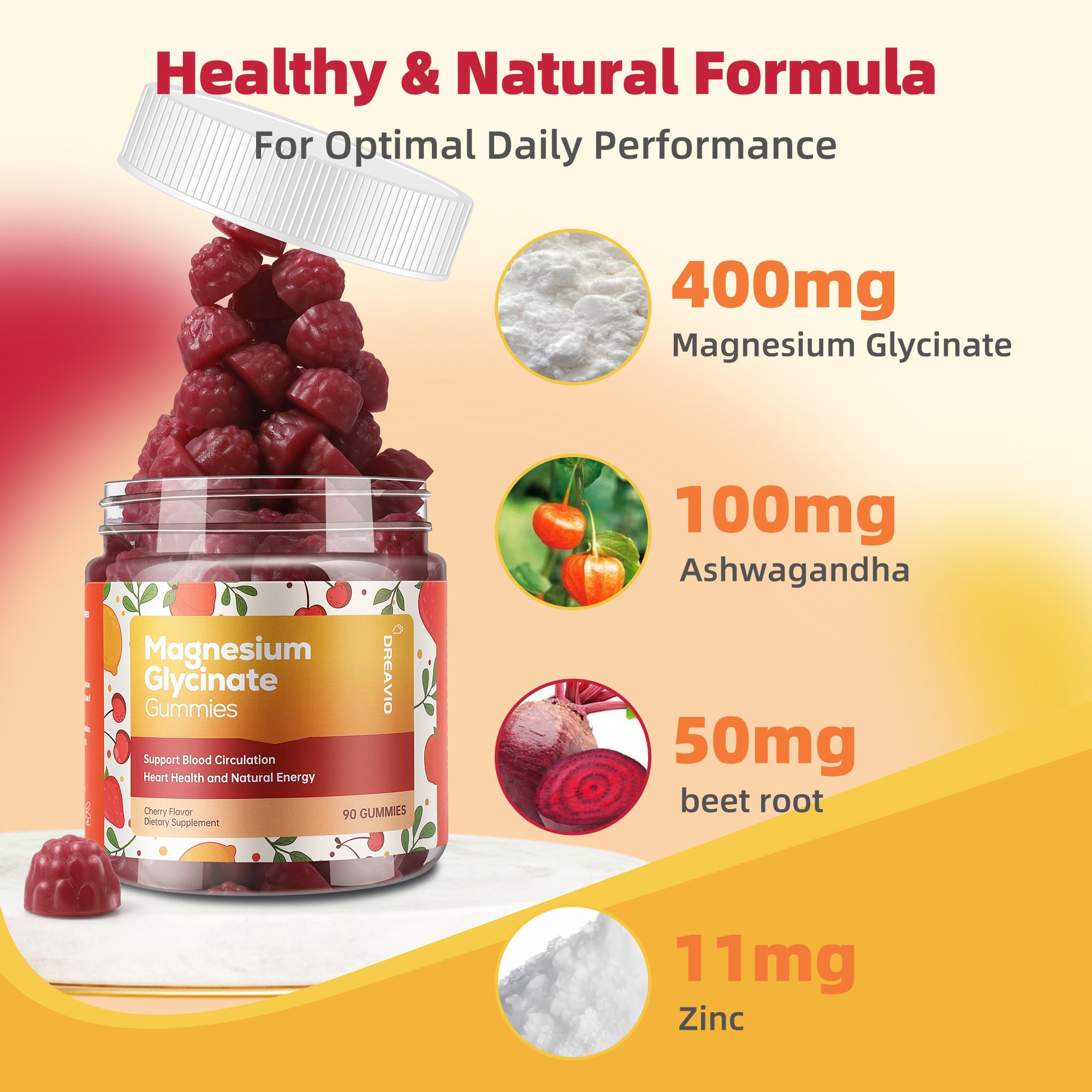 DREAVIO 90 Count Magnesium Glycinate Gummies 400mg w/Ashwagandha Supplement - Sugar Free Zinc Magnesium Glycinate Supplement Ashwagandha Gummies for Adults DREAVIO buy supplements canada