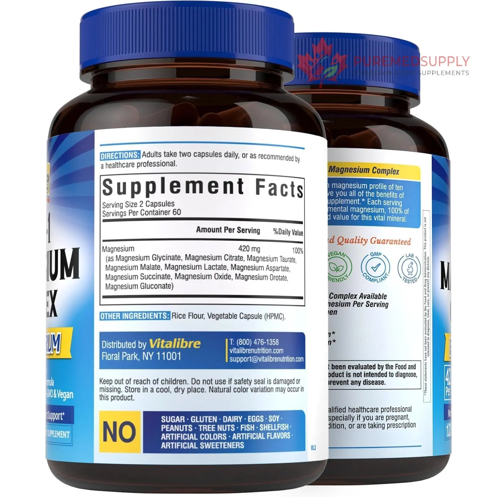 Vitalibre 10 in 1 Magnesium Complex, 420mg Elemental Magnesium | Ultra Strength, Max Absorption | Chelated Magnesium Supplement for Nerves, Bone & Heart Health | Non-GMO, 120 Vegan Capsules Vitalibre buy supplements canada