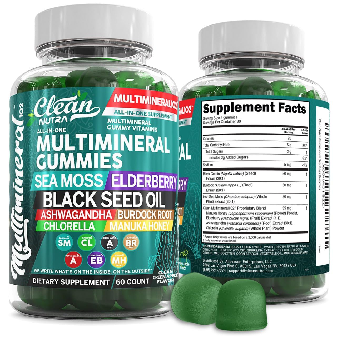 Sea Moss Gummies | Clinically Tested - Black Seed Oil Ashwagandha Elderberry Burdock Root Chlorella Manuka Honey - Vegan Irish Sea Moss Gummy Vitamins Clean Nutraceuticals buy supplements canada