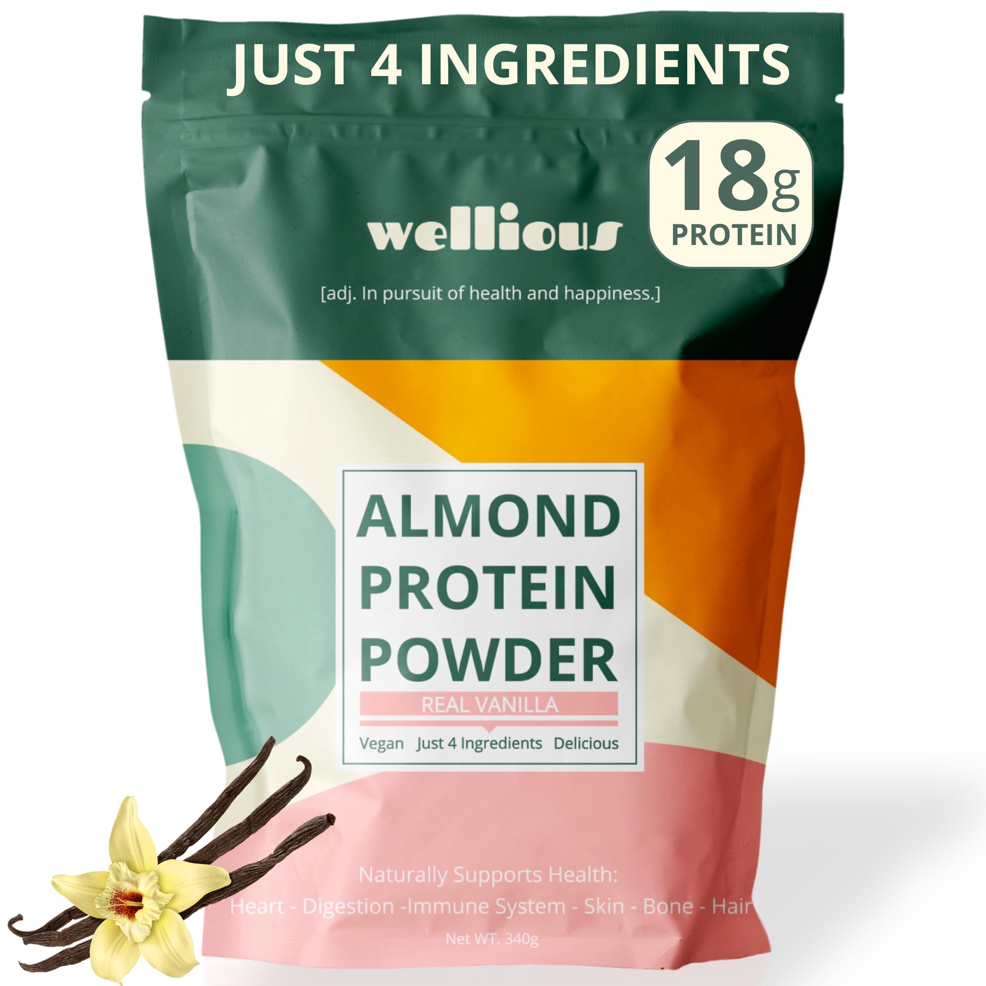 wellious Almond Protein Powder (Vanilla) - 18 Grams of Pure Healthiest Vegan Protein for Women & Men - Perfect Soy-Free & Smooth Gut Friendly Protein Powder for Sports Nutrition wellious buy supplements canada