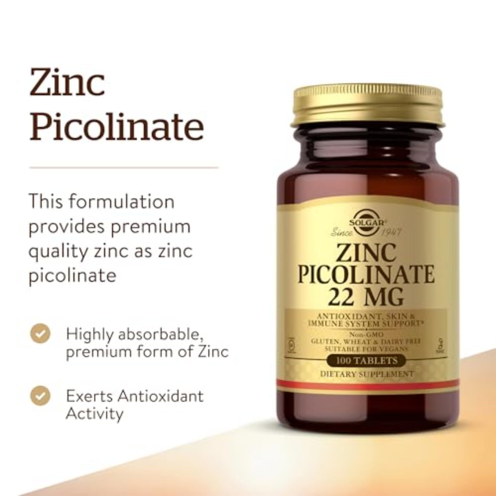 Solgar Zinc Picolinate 22 mg, 100 Tablets - Promotes Healthy Skin - Supports Immune System, Normal Taste & Vision - Antioxidant – Non-GMO, Vegan Solgar buy supplements canada
