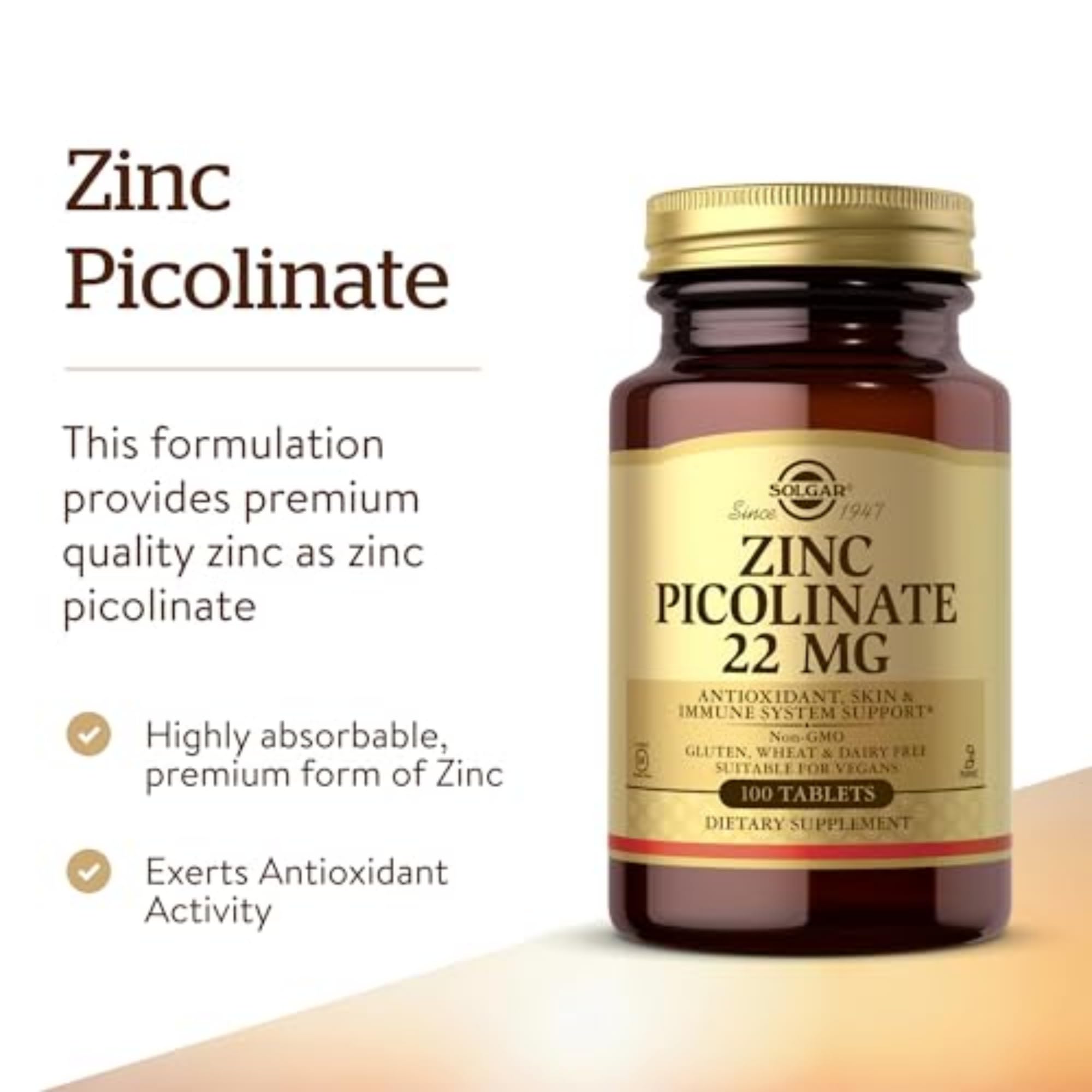 Solgar Zinc Picolinate 22 mg, 100 Tablets - Promotes Healthy Skin - Supports Immune System, Normal Taste & Vision - Antioxidant – Non-GMO, Vegan Solgar buy supplements canada