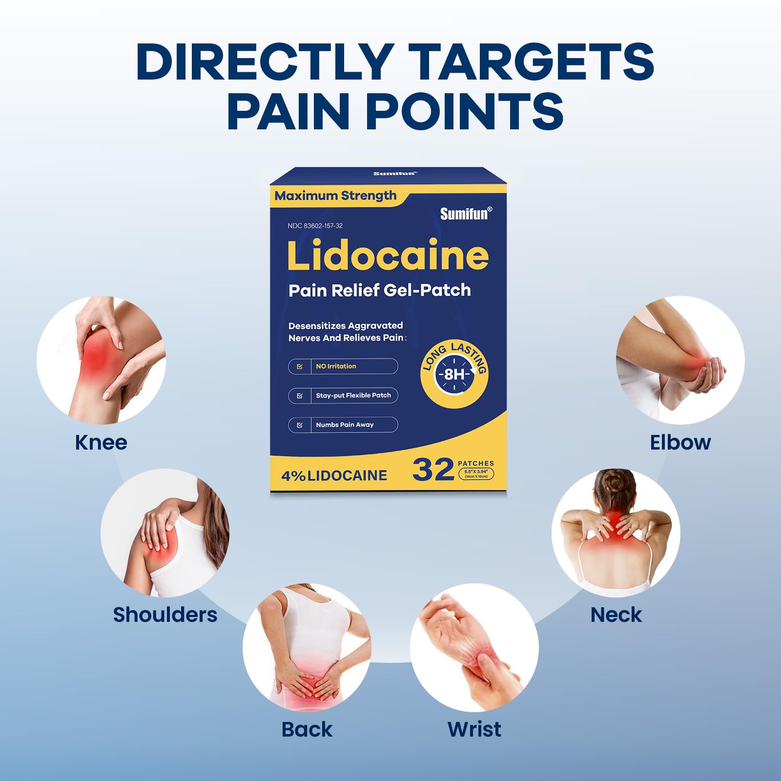 Sumifun 4% Lidocaine Patches Maximum Strength- Pain Relieving Gel Patch for Back, Shoulder, Muscle, Knee Pain Relief,Neck & Joint Pains-Numbs Away Pain, Apply for Up to 8 Hours (Large, Count, 32) Sumifun buy supplements canada