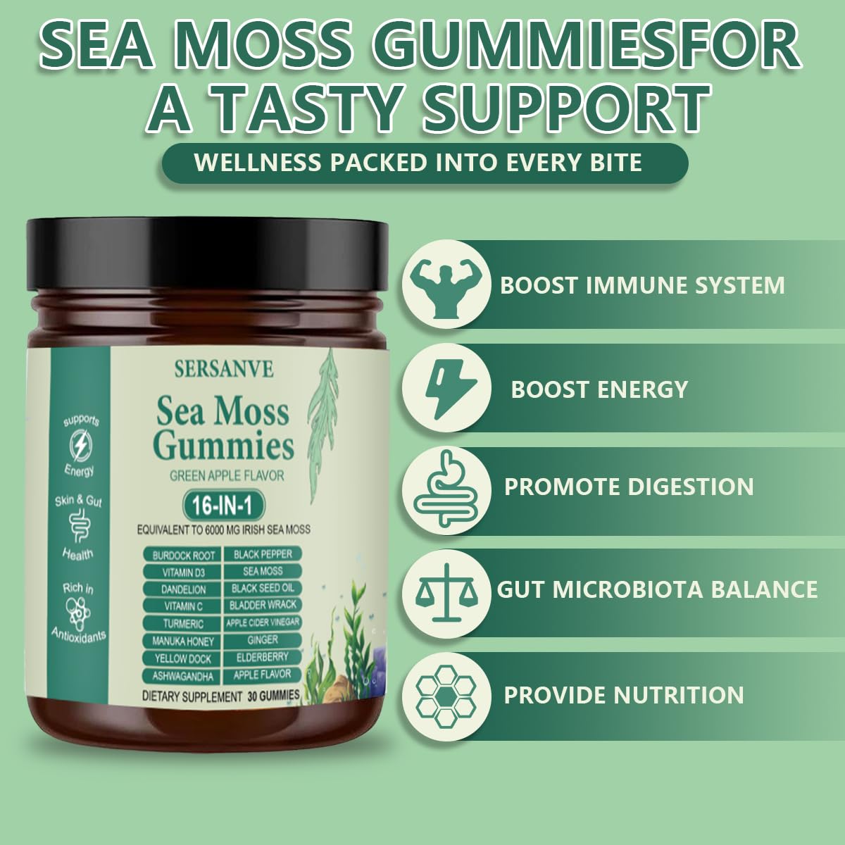 Sea Moss Gummies 16-in-1, with Black Seed Oil, Ashwagandha & Elderberry | Organic Irish Sea Moss Supplement for Men & Women | Daily Support with Manuka, Burdock Root & Vitamins C & D3, 30 Gummies SERSANVE buy supplements canada