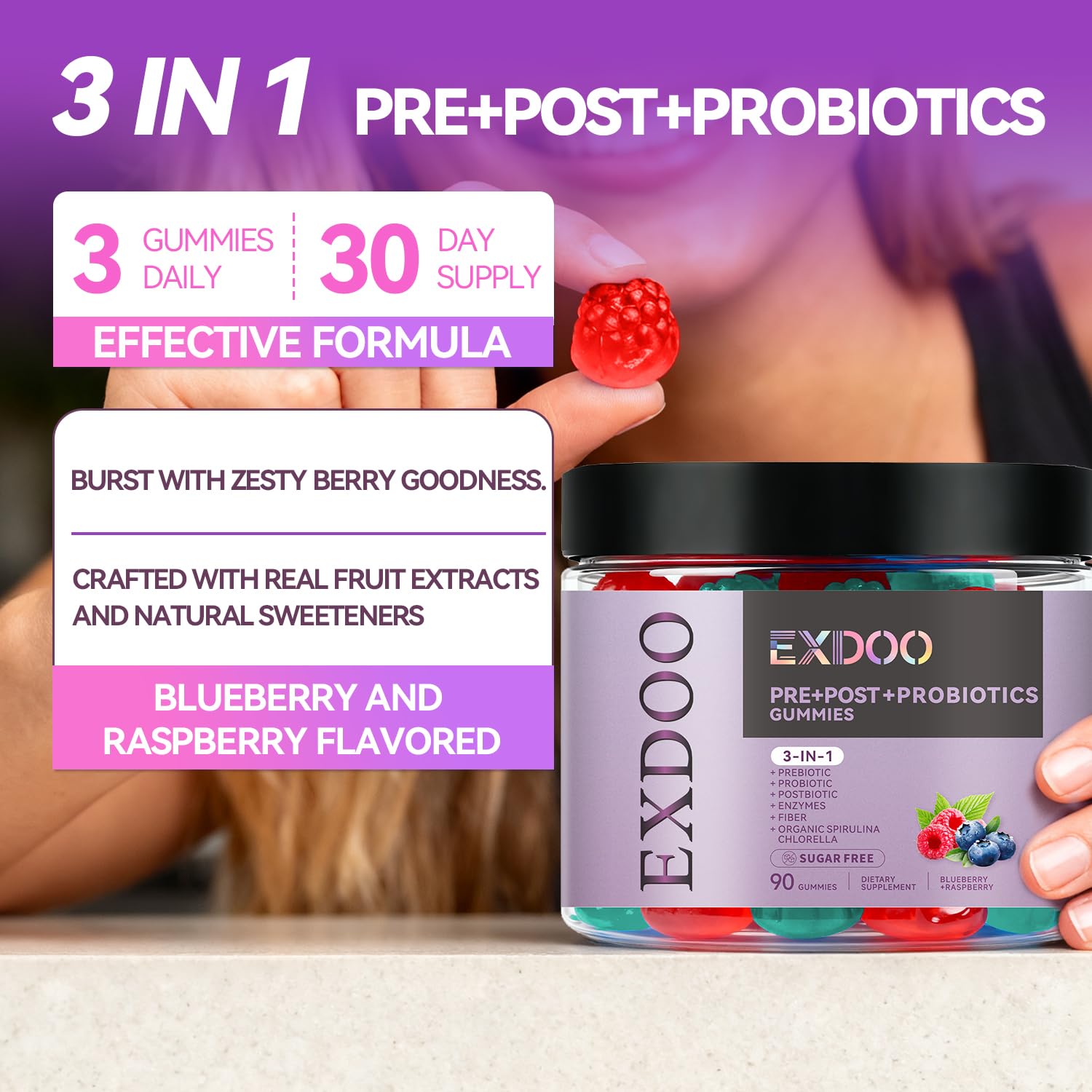 exdoo 3-in-1 Probiotic Gummies Prebiotic+Probiotic+Postbiotic with Organic Spirulina Chlorella Immune Gut & Digestive Support 90 Count exdoo buy supplements canada