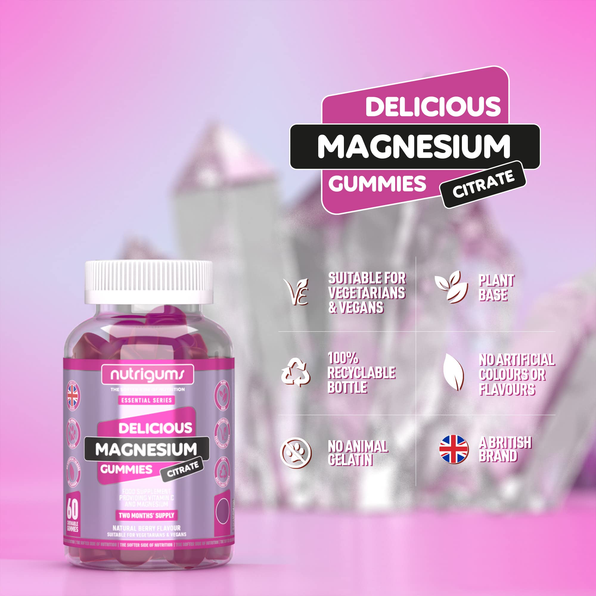 Magnesium Citrate 1250mg & Vitamin C Gummy | Mixed Berry Flavour | 60 Vegan Gummies Nutrigums buy supplements canada