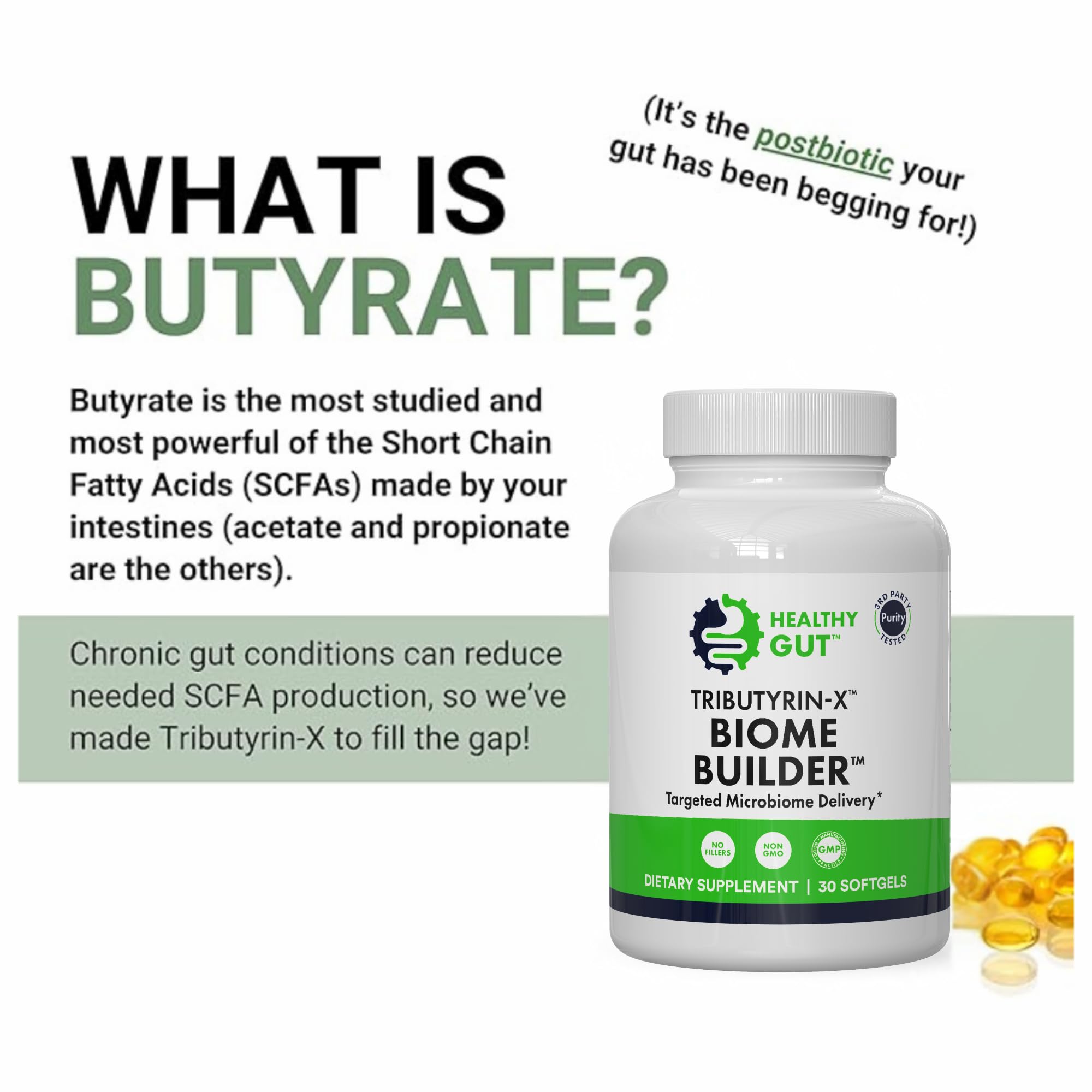 Healthy Gut Tributyrin-X | Most Bioavailable Butyrate Postbiotic for Gut Health & Leaky Gut Support | 99% Pure w/Zero Odor | 30 Softgels Healthy Gut buy supplements canada