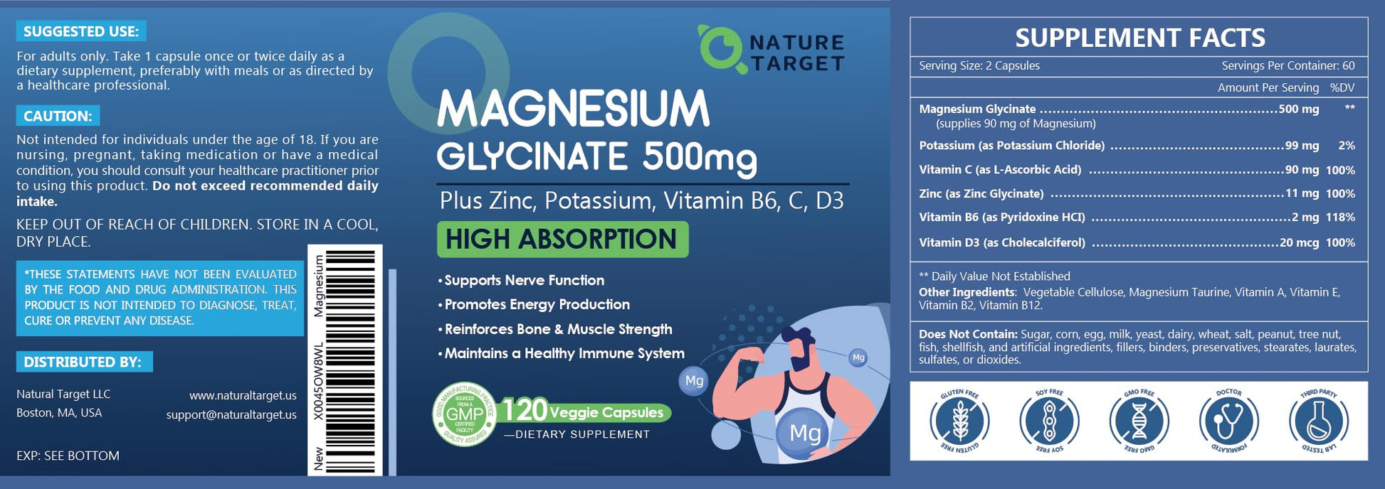 NATURE TARGET Magnesium Glycinate 500mg, Chelated Magnesium with Zinc & Vitamin D3 for Muscle, Nerve & Bone, Support Heart Health & Leg Cramp, Strength Immune System - 120 Capsules NATURE TARGET buy supplements canada