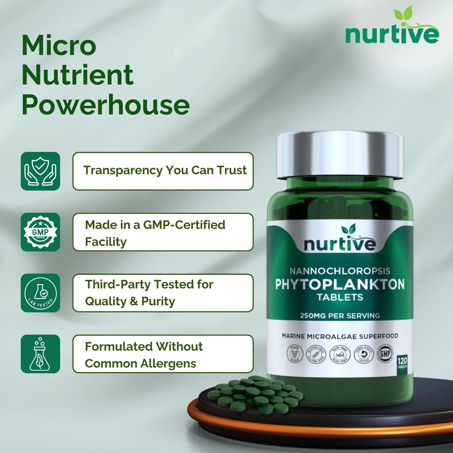 NURTIVE Nannochloropsis Phytoplankton Tablets – 250mg per Serving – Vegan, Gluten-Free, Non-GMO, No Fillers – Third-Party Tested, GMP Certified – 2 Tablets/Day for 2 Month, 120 Tablets/Bottle NURTIVE buy supplements canada