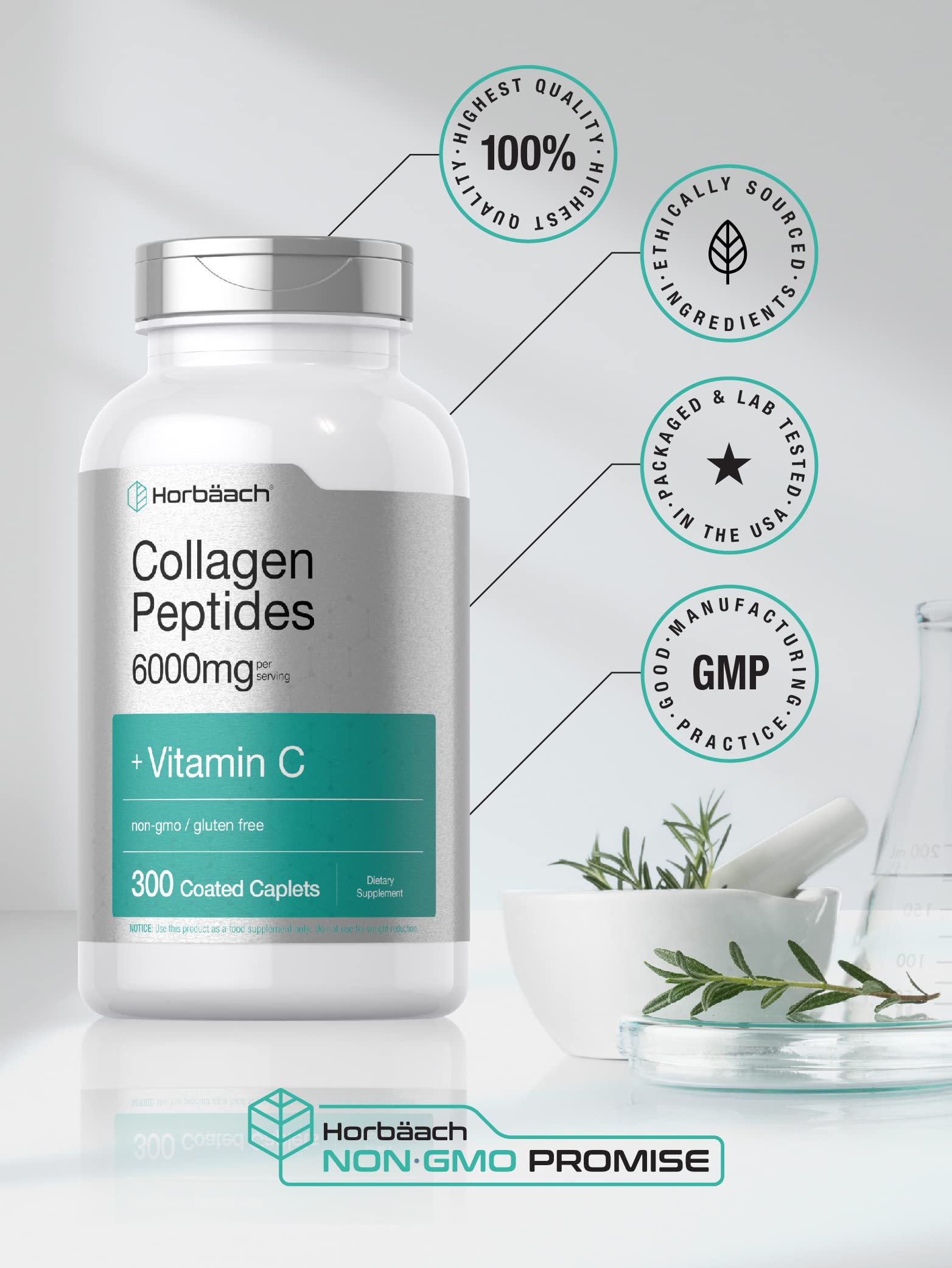 Horbäach Collagen Peptides 6000mg | 300 Caplet Pills | with Vitamin C | Hydrolyzed Collagen Supplement | Non-GMO, Gluten Free Horbäach buy supplements canada