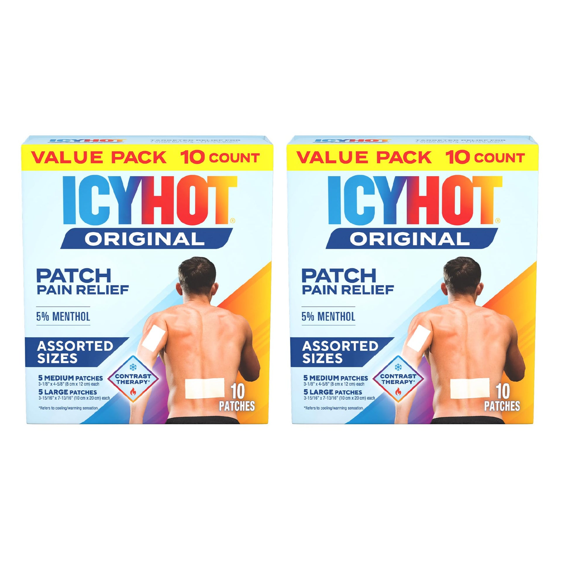 Icy Hot Original Pain Relief Patch Variety Pack with 5% Cooling Menthol for Fast-Acting Muscle and Joint Pain Relief, 5 Medium and 5 Large Comfortable Fabric Patches, 10 Ct., 2 pk Icy Hot buy supplements canada