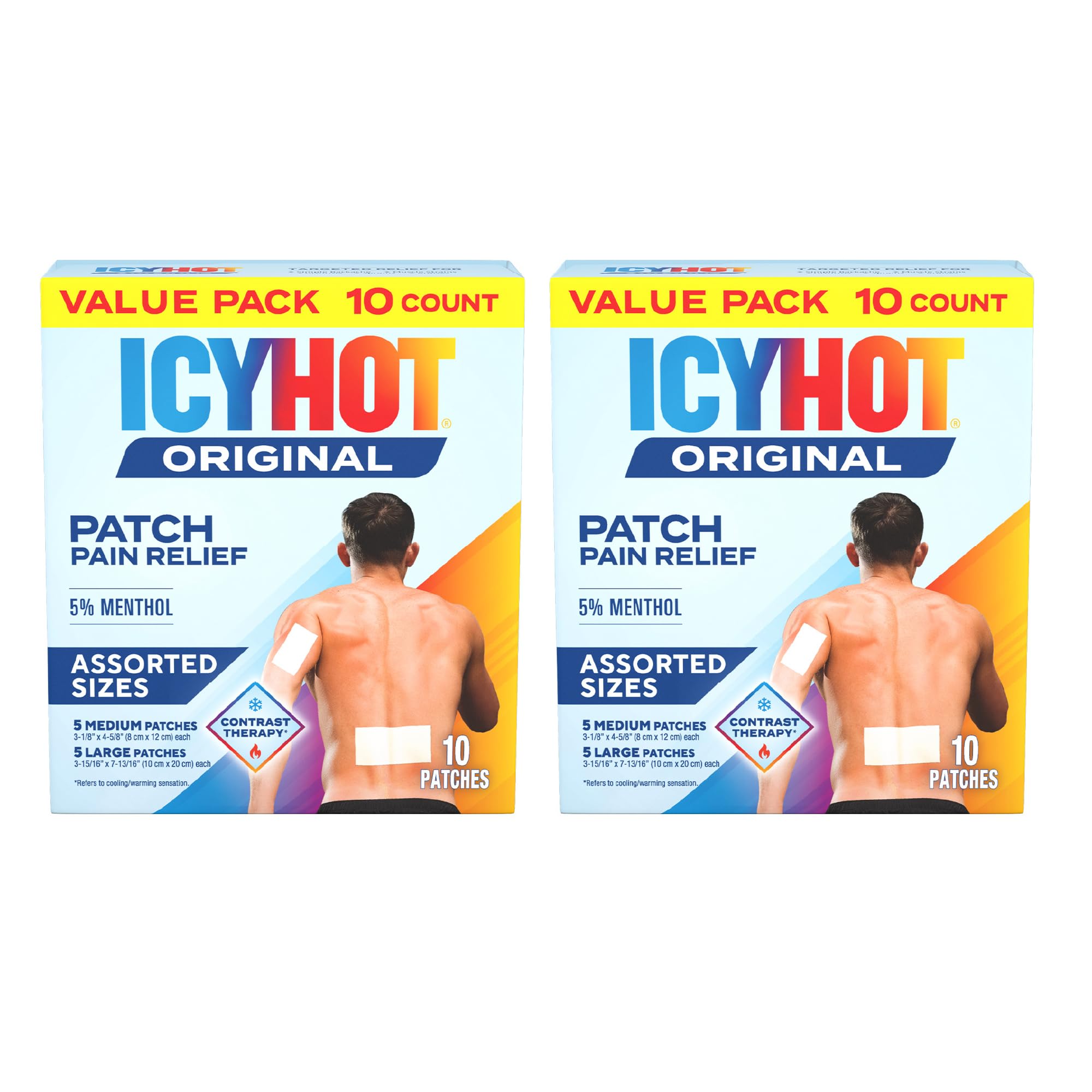 Icy Hot Original Pain Relief Patch Variety Pack with 5% Cooling Menthol for Fast-Acting Muscle and Joint Pain Relief, 5 Medium and 5 Large Comfortable Fabric Patches, 10 Ct., 2 pk Icy Hot buy supplements canada