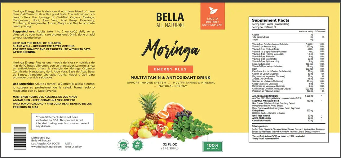 Bella All Natural Moringa Juice Energy Plus - Multivitamin and Antioxidant Drink - 32oz Bella All Natural buy supplements canada